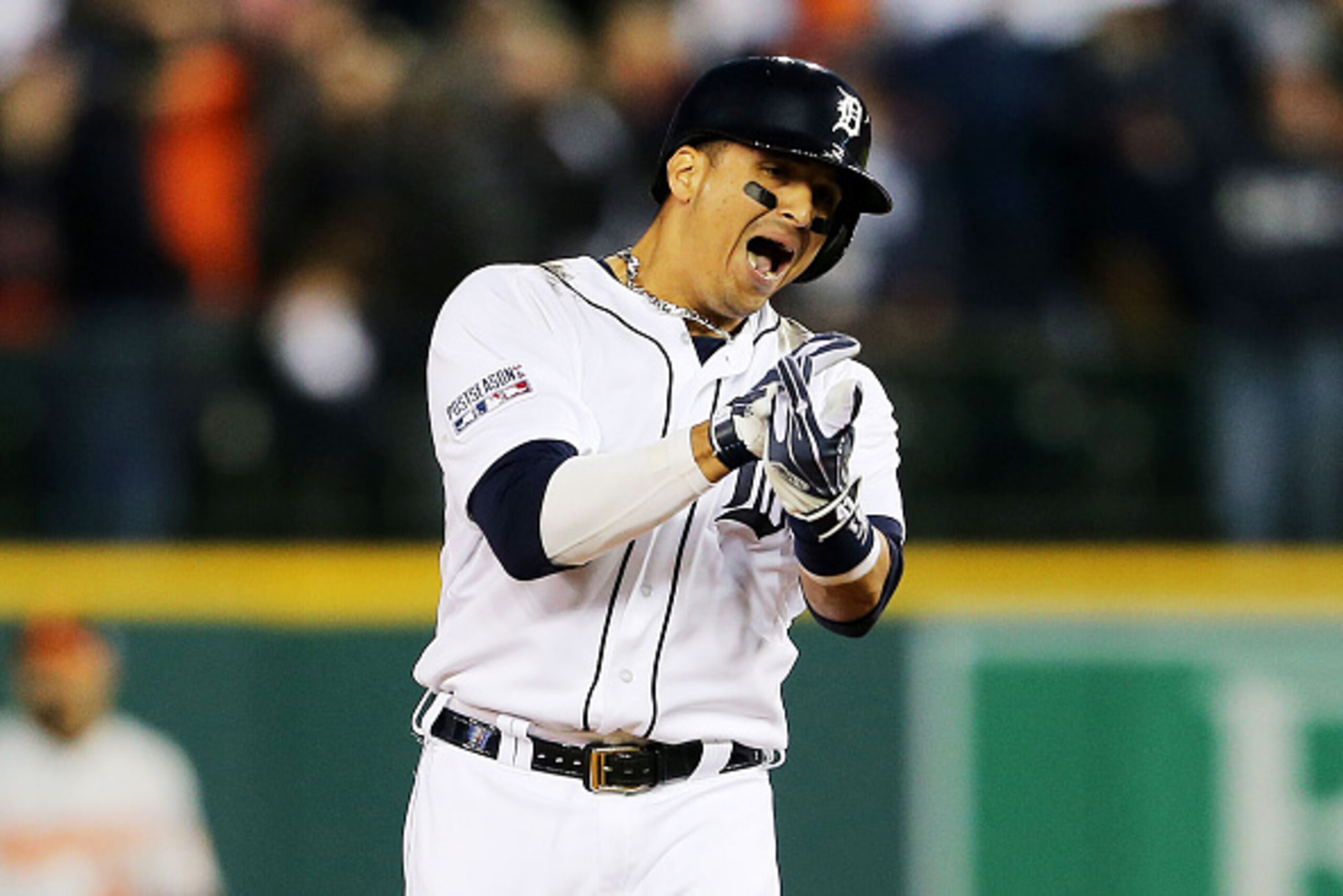 DETROIT, MI - OCTOBER 05:  Victor Martinez #41 of the Detroit Tigers celebrates his double in the ninth inning against the Baltimore Orioles during Game Three of the American League Division Series at Comerica Park on October 5, 2014 in Detroit, Michigan.
