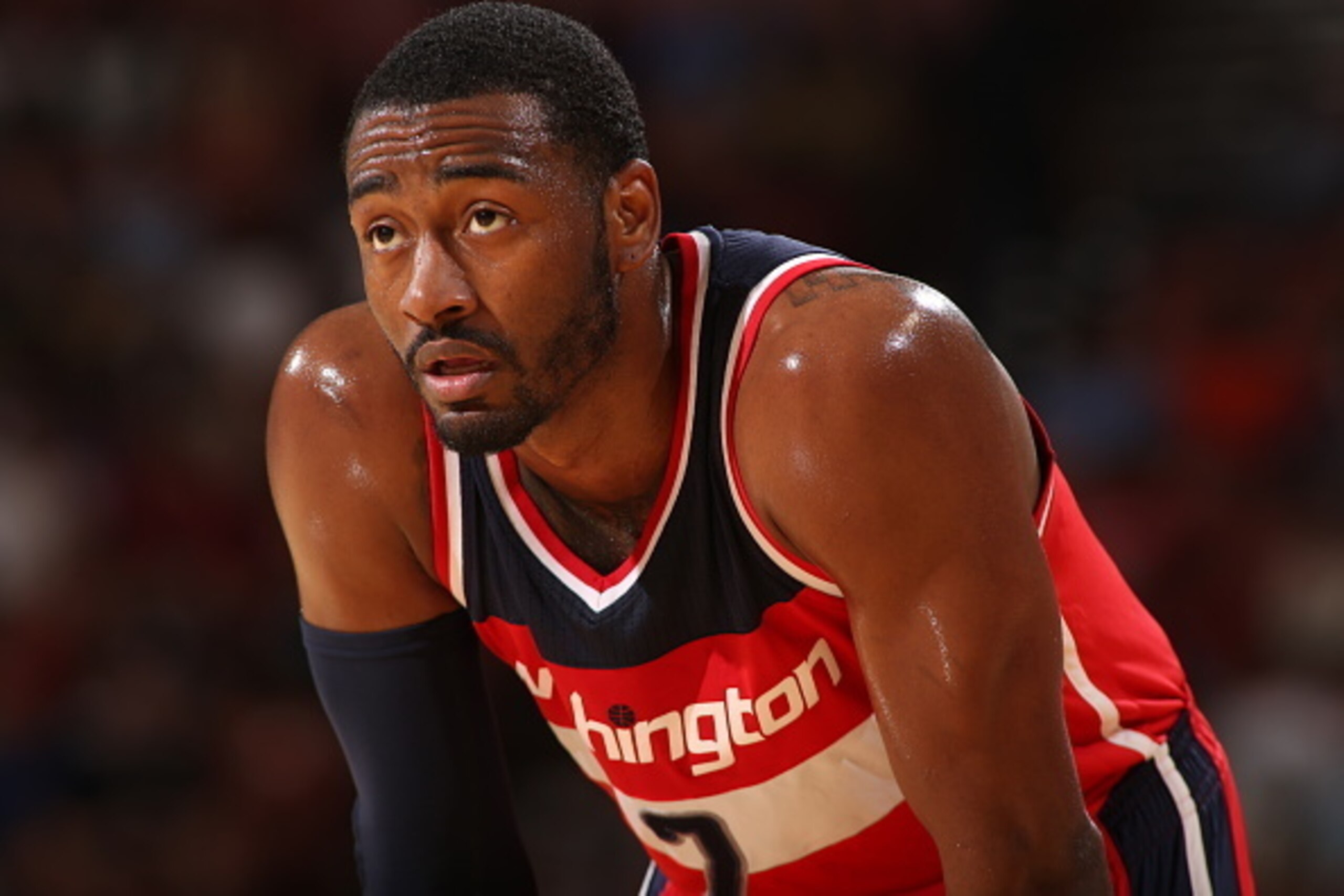 GREENVILLE, SC - OCTOBER 10:  John Wall #2 of the Washington Wizards looks on during the game against the Charlotte Hornets at Bon Secours Wellness Arena on October 10, 2014 in Greenville, South Carolina.  NOTE TO USER: User expressly acknowledges and agr