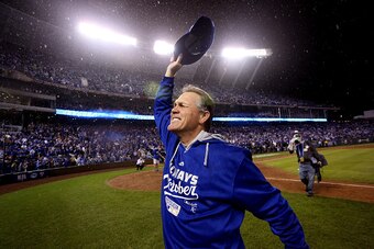 KANSAS CITY, MO - OCTOBER 05:  Manager Ned Yost #3 the Kansas City Royals celebrates on the field after defeating the Los Angeles Angels 8-3 to sweep the series in Game Three of the American League Division Series at Kauffman Stadium on October 5, 2014 in