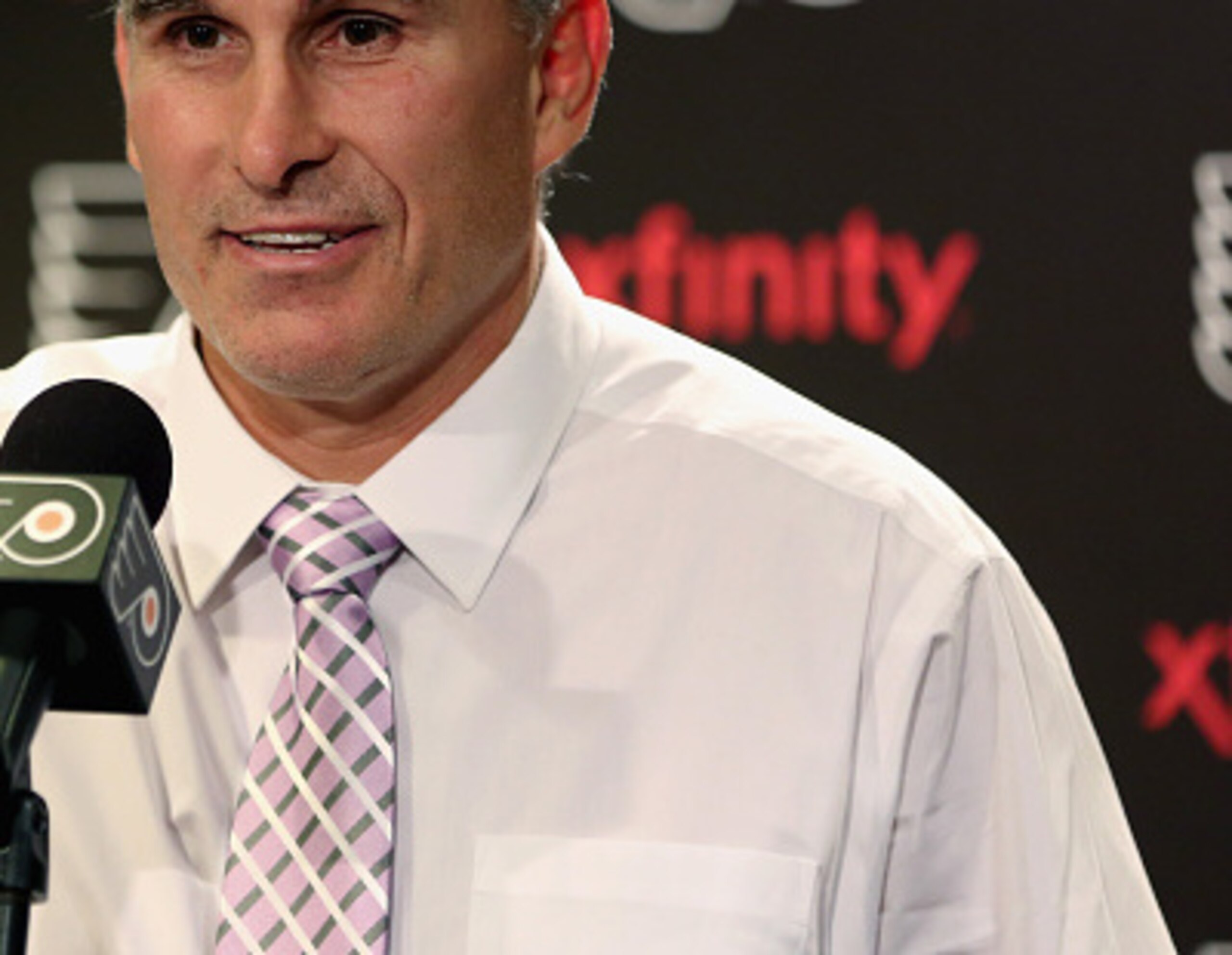 PHILADELPHIA, PA - OCTOBER 14: Head Coach of the Philadelphia Flyers Craig Berube, wearing a lavender tie in support of Hockey Fights Cancer Awareness Night, speaks to the media after being defeated 4-3 in a shootout to the Anaheim Ducks on October 14, 20 PHILADELPHIA, PA - OCTOBER 14: Head Coach of the Philadelphia Flyers Craig Berube, wearing a lavender tie in support of Hockey Fights Cancer Awareness Night, speaks to the media after being defeated 4-3 in a shootout to the Anaheim Ducks on October 14, 20