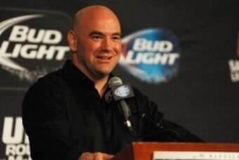 Feb 22, 2014; Las Vegas, NV, USA; Dana White answers a question during a post-fight press conference following UFC 170 at Mandalay Bay.  Mandatory Credit: Stephen R. Sylvanie-USA TODAY Sports