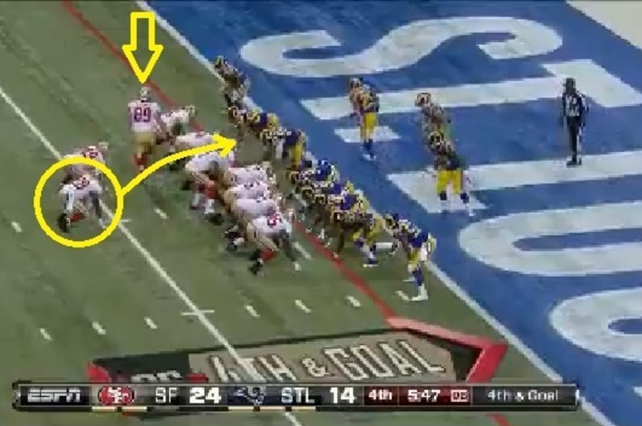 Hyde will attempt a rush right up the gut. Tight end Vance McDonald motions to the left side of the 49ers' line.