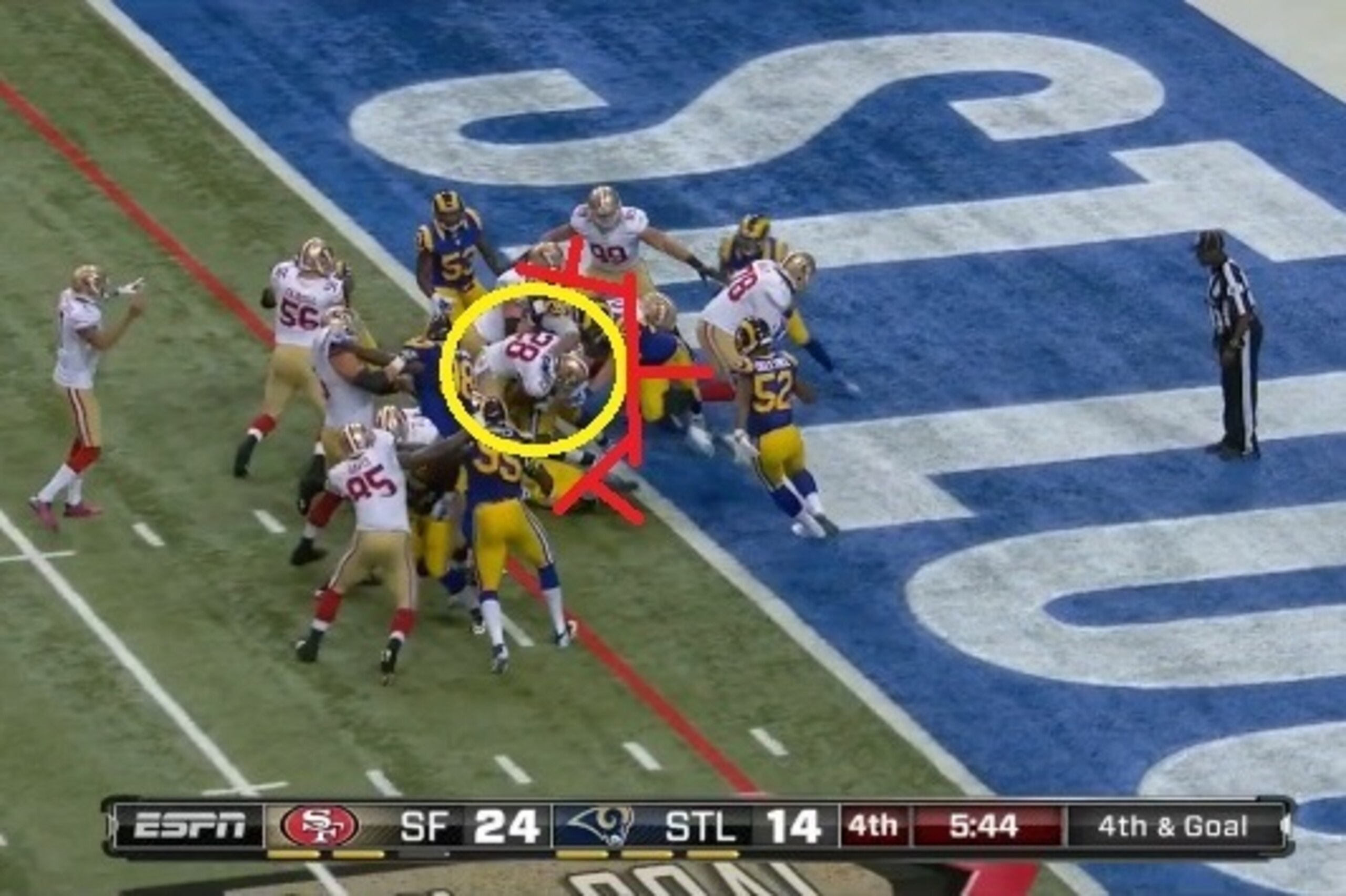 St. Louis' defensive front plugs any gaps that Hyde could have exploited. The rushing attempt is subsequently stopped short.
