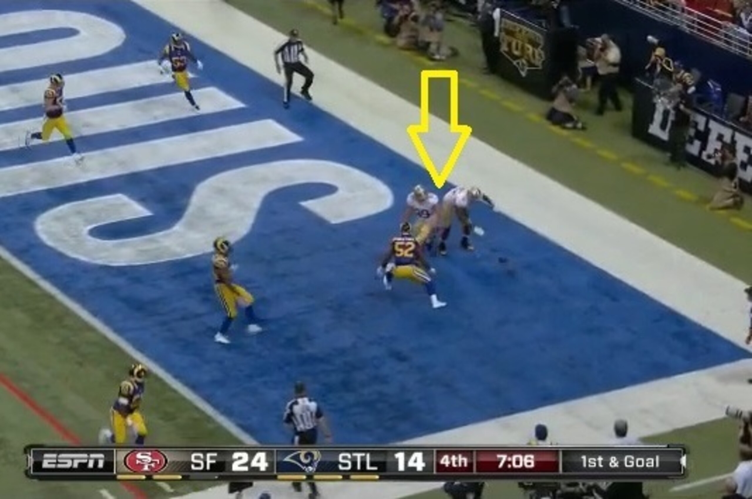 Davis and McDonald bump each other off this would-be touchdown grab.