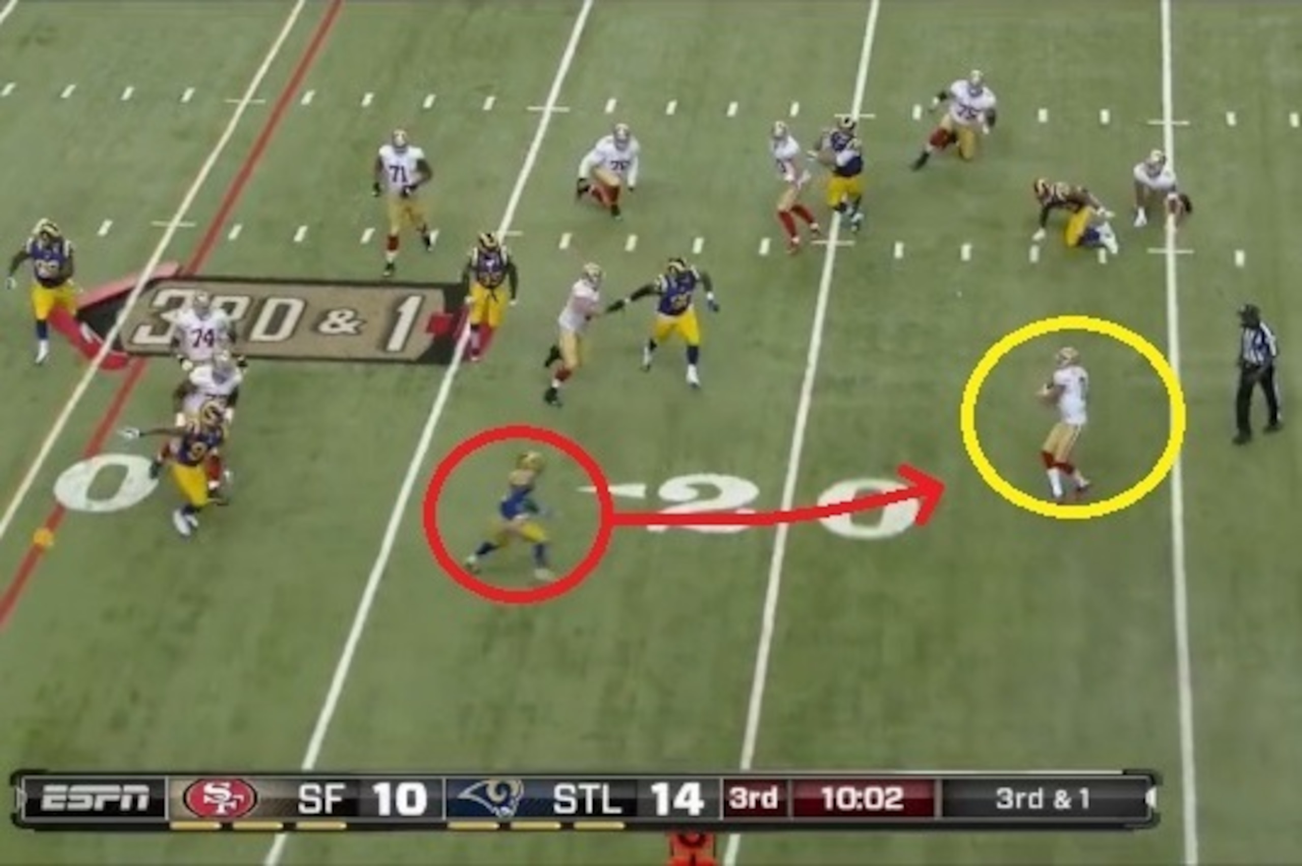 Facing pressure, Kaepernick will deliver a touch pass aimed at Boldin.