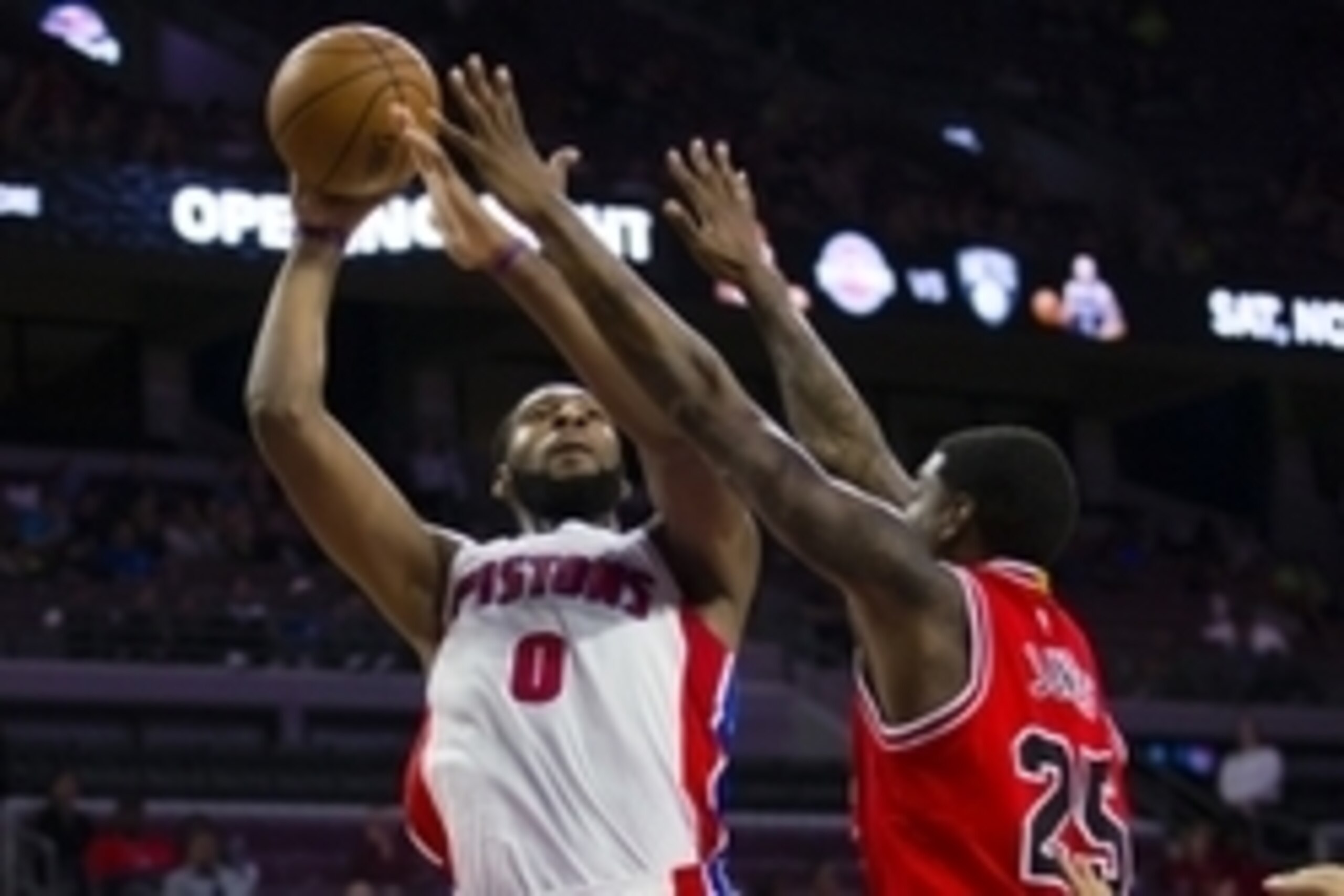 Oct 7, 2014; Auburn Hills, MI, USA; Detroit Pistons center Andre Drummond (0) shoots on Chicago Bulls forward Solomon Jones (25) in the fourth quarter at The Palace of Auburn Hills. Detroit won 111-109 in overtime. Mandatory Credit: Rick Osentoski-USA TOD