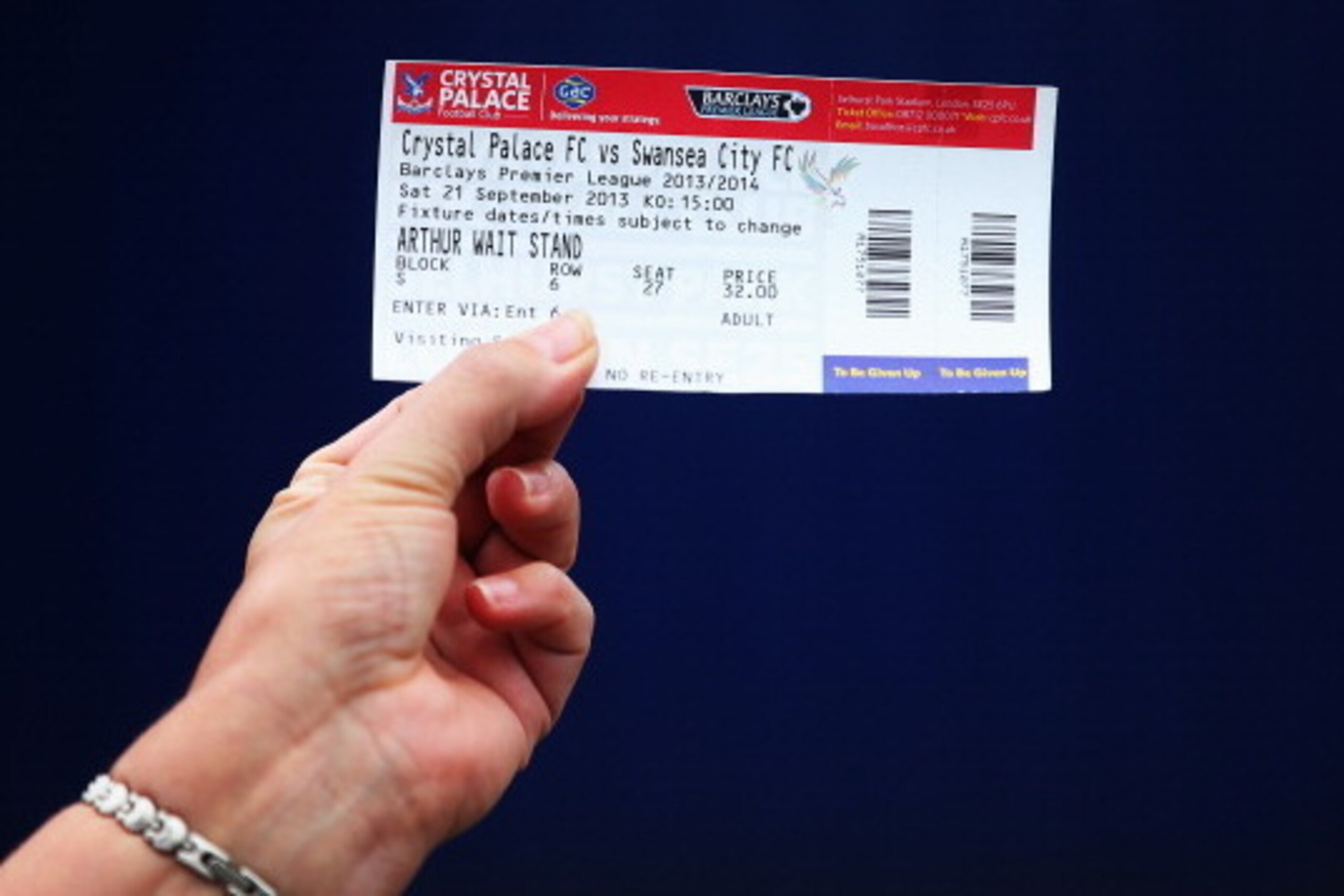 LONDON, ENGLAND - SEPTEMBER 22:  A fan holds their match ticket outside the ground before the Barclays Premier League match between Crystal Palace and Swansea City at Selhurst Park on September 22, 2013 in London, England.  (Photo by Julian Finney/Getty I