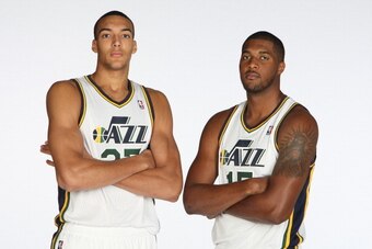 SALT LAKE CITY, UT - SEPTEMBER 30:  Rudy Gobert #27 and Derrick Favors #15 of the Utah Jazz pose for a photo during 2013 Media Day at Zions Basketball Center on September 30, 2013 in Salt Lake City, Utah. NOTE TO USER: User expressly acknowledges and agre