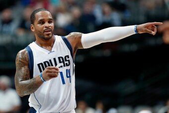 Oct 12, 2014; Dallas, TX, USA; Dallas Mavericks guard Jameer Nelson (14) reacts during the second quarter against the Indiana Pacers at American Airlines Center. Mandatory Credit: Kevin Jairaj-USA TODAY Sports
