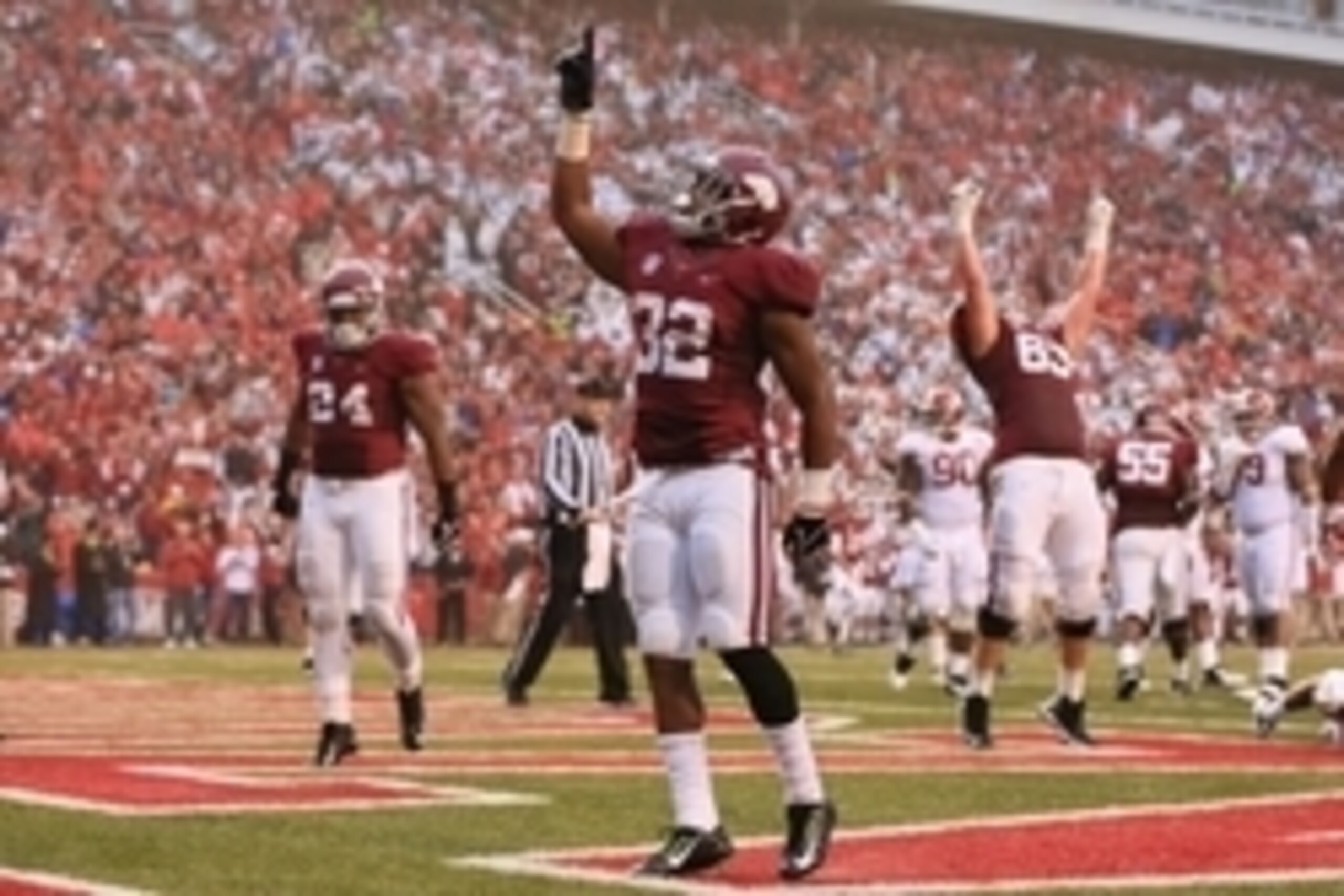 Oct 11, 2014; Fayetteville, AR, USA; Arkansas Razorbacks running back Jonathan Williams (32) celebrates after scoring a touchdown in the second quarter against the Alabama Crimson Tide at Donald W. Reynolds Razorback Stadium. Mandatory Credit: Nelson Chen