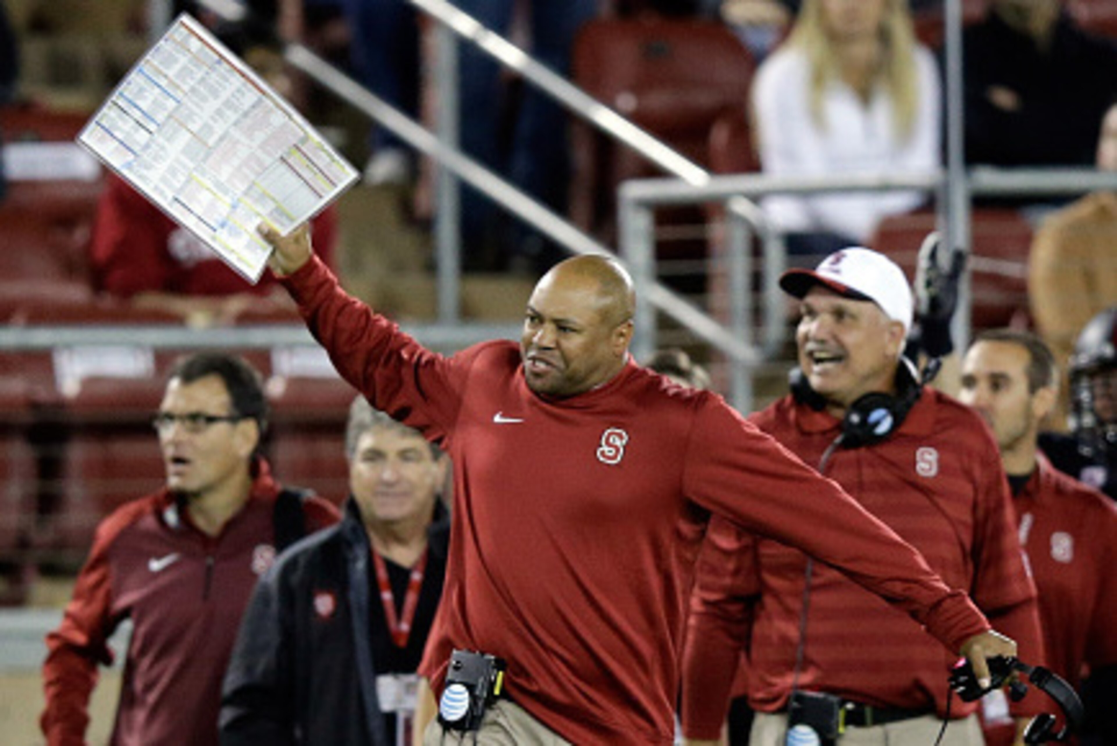 PALO ALTO, CA - OCTOBER 10:  Head coach David Shaw of the Stanford Cardinal reacts to the referees not calling pass interference on a play during their game against the Washington State Cougars at Stanford Stadium on October 10, 2014 in Palo Alto, Califor