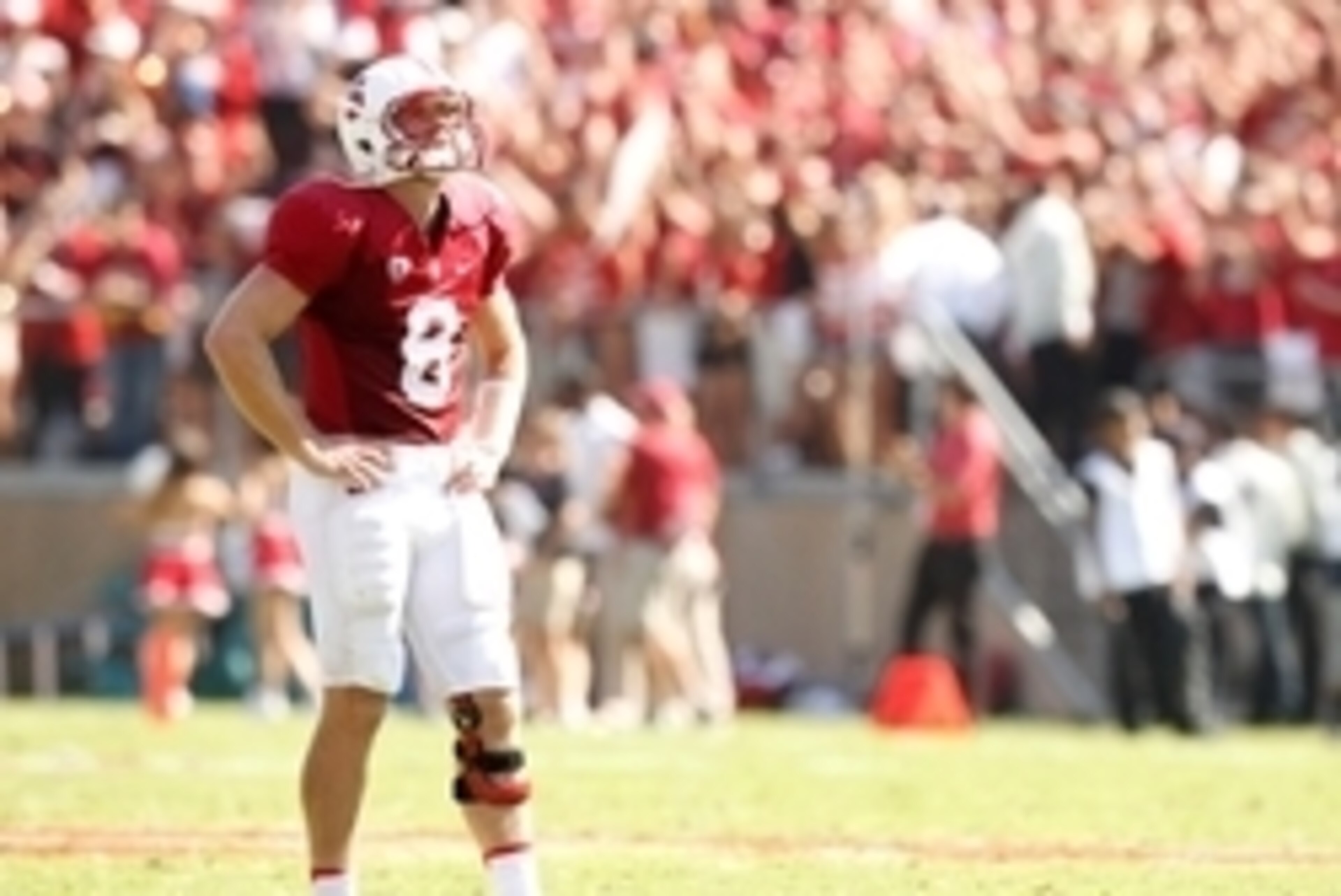 Sep 6, 2014; Stanford, CA, USA; Stanford Cardinal quarterback Kevin Hogan (8) reacts after a touchdown was called back because of a penalty during action against the USC Trojans in the fourth quarter at Stanford Stadium. The Trojans defeated the Cardinal 