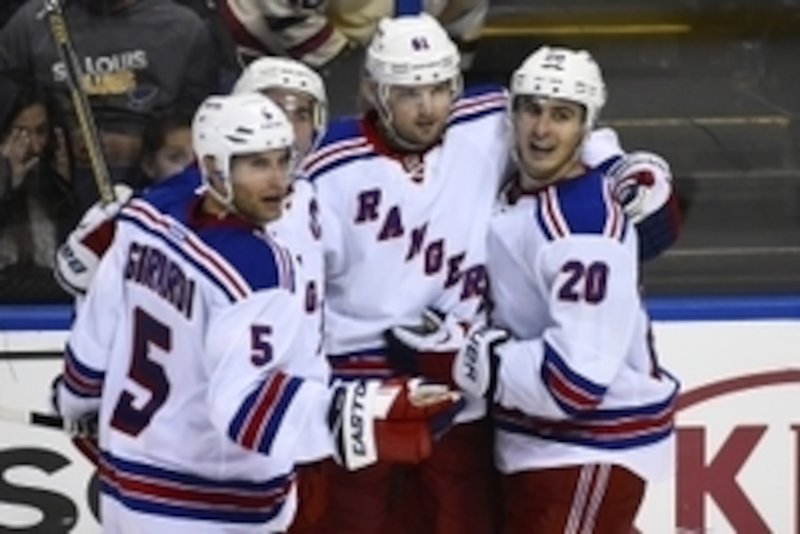 Oct 9, 2014; St. Louis, MO, USA; New York Rangers left wing Rick Nash (61) celebrates with teammates after scoring a goal against the St. Louis Blues during the third period at Scottrade Center. The New York Rangers defeat the St. Louis Blues 3-2. Mandato