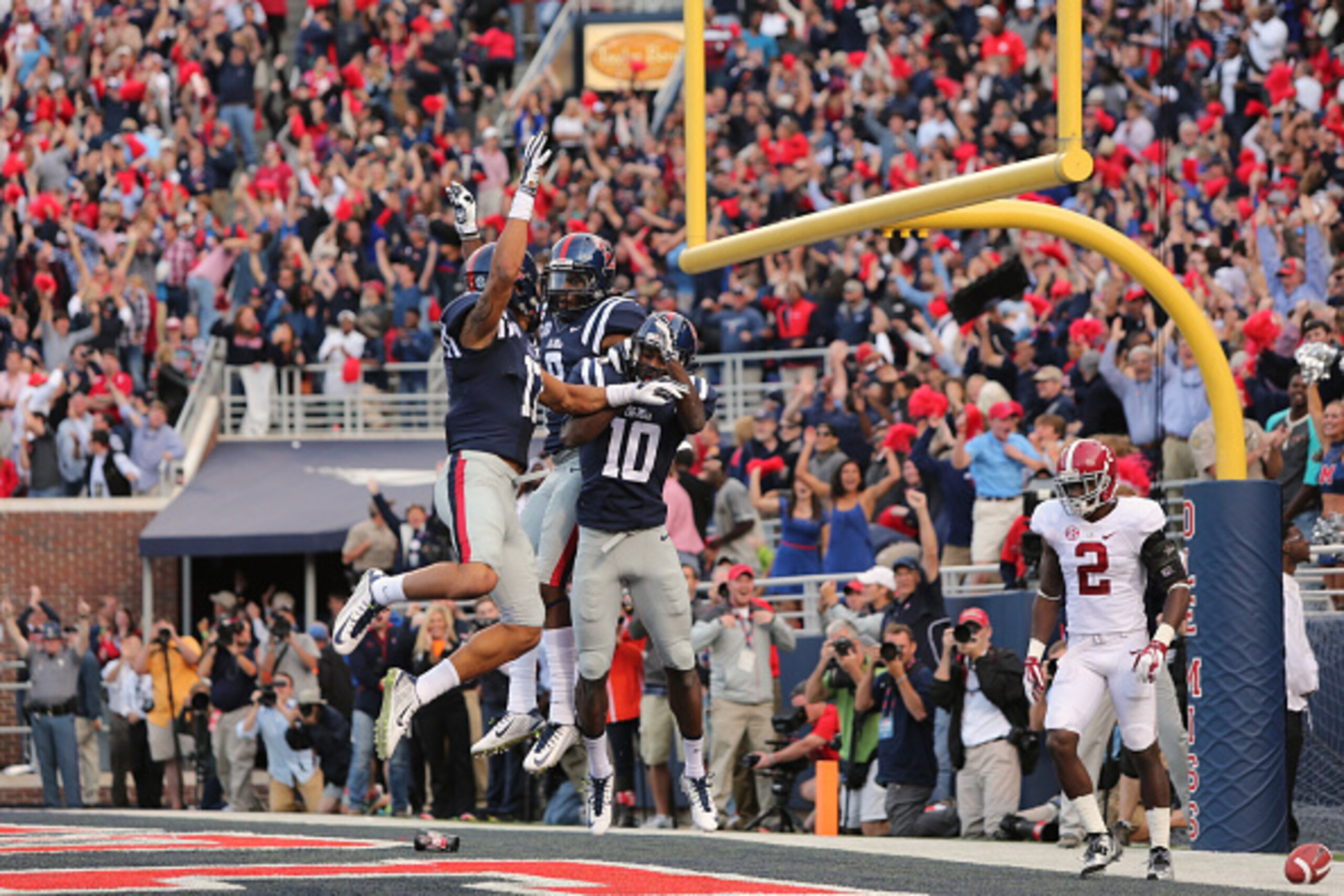 OXFORD, MS - OCTOBER 4: Vince Sanders #10 of the Ole Miss Rebels celebrates his touchdown catch with Evan Engram #17 of the Ole Miss Rebels against the Alabama Crimson Tide on OCTOBER 4, 2014 at Vaught-Hemingway Stadium in Oxford, Mississippi. Mississippi