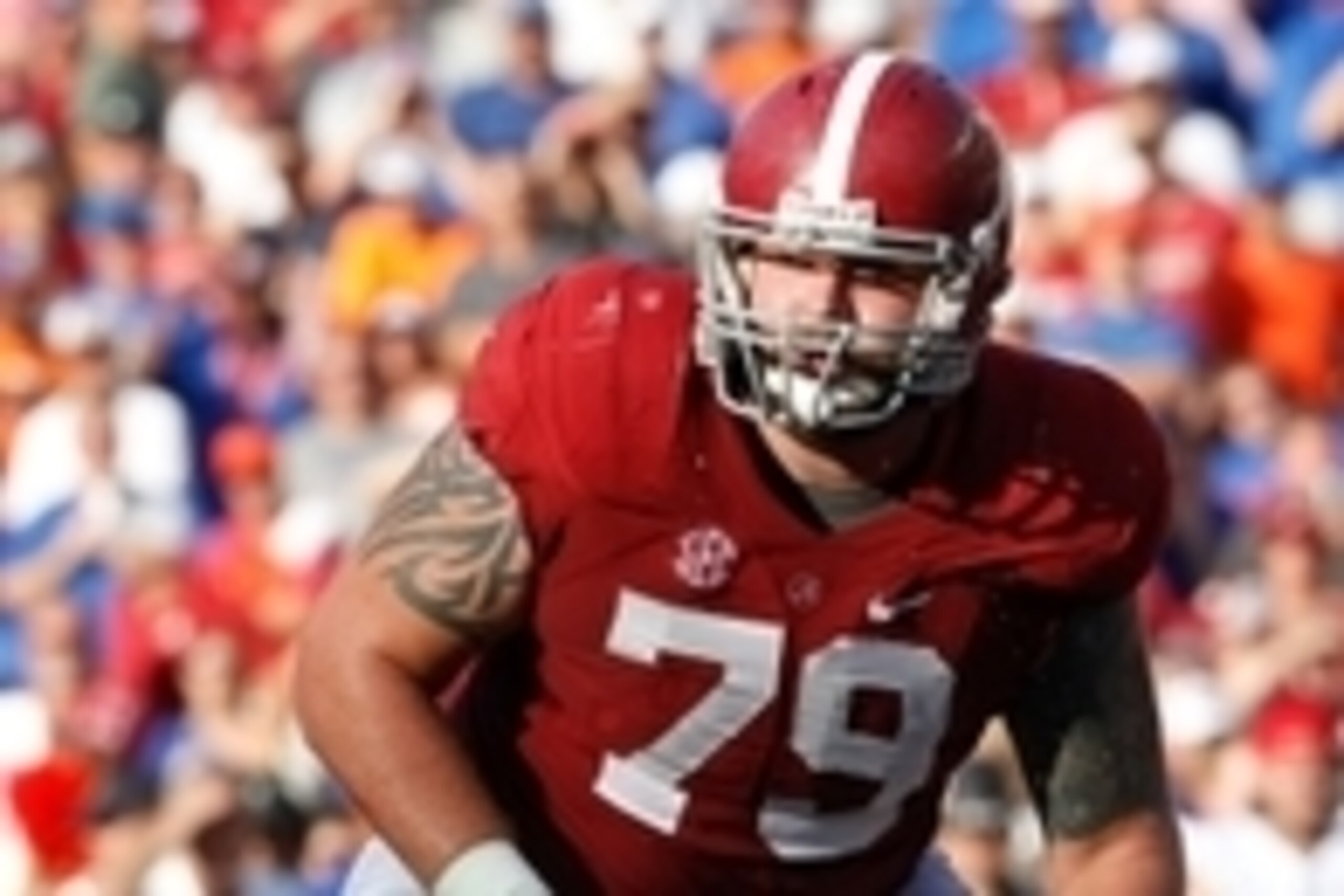 Sep 20, 2014; Tuscaloosa, AL, USA; Alabama Crimson Tide offensive lineman Austin Shepherd (79) lines up against the Florida Gators at Bryant-Denny Stadium. Mandatory Credit: Marvin Gentry-USA TODAY Sports