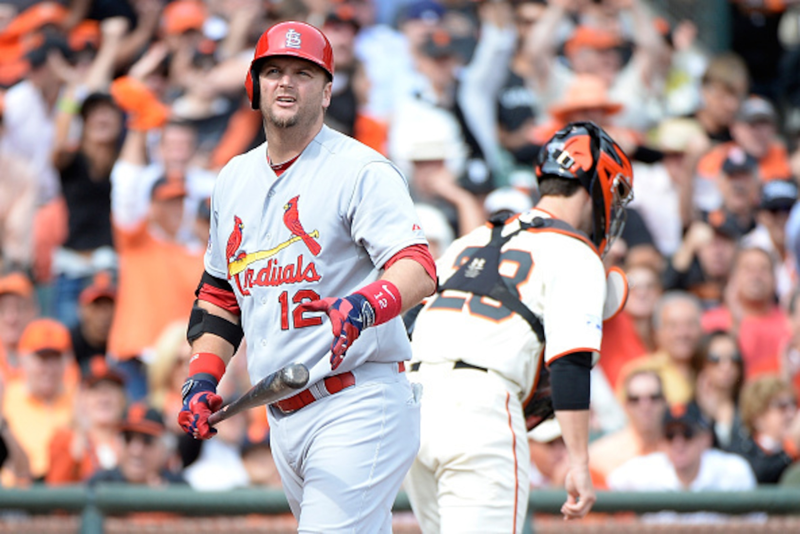 SAN FRANCISCO, CA - OCTOBER 14:  A.J. Pierzynski #12 of the St. Louis Cardinals strikes out in the second inning against the San Francisco Giants during Game Three of the National League Championship Series at AT&T Park on October 14, 2014 in San Francisc