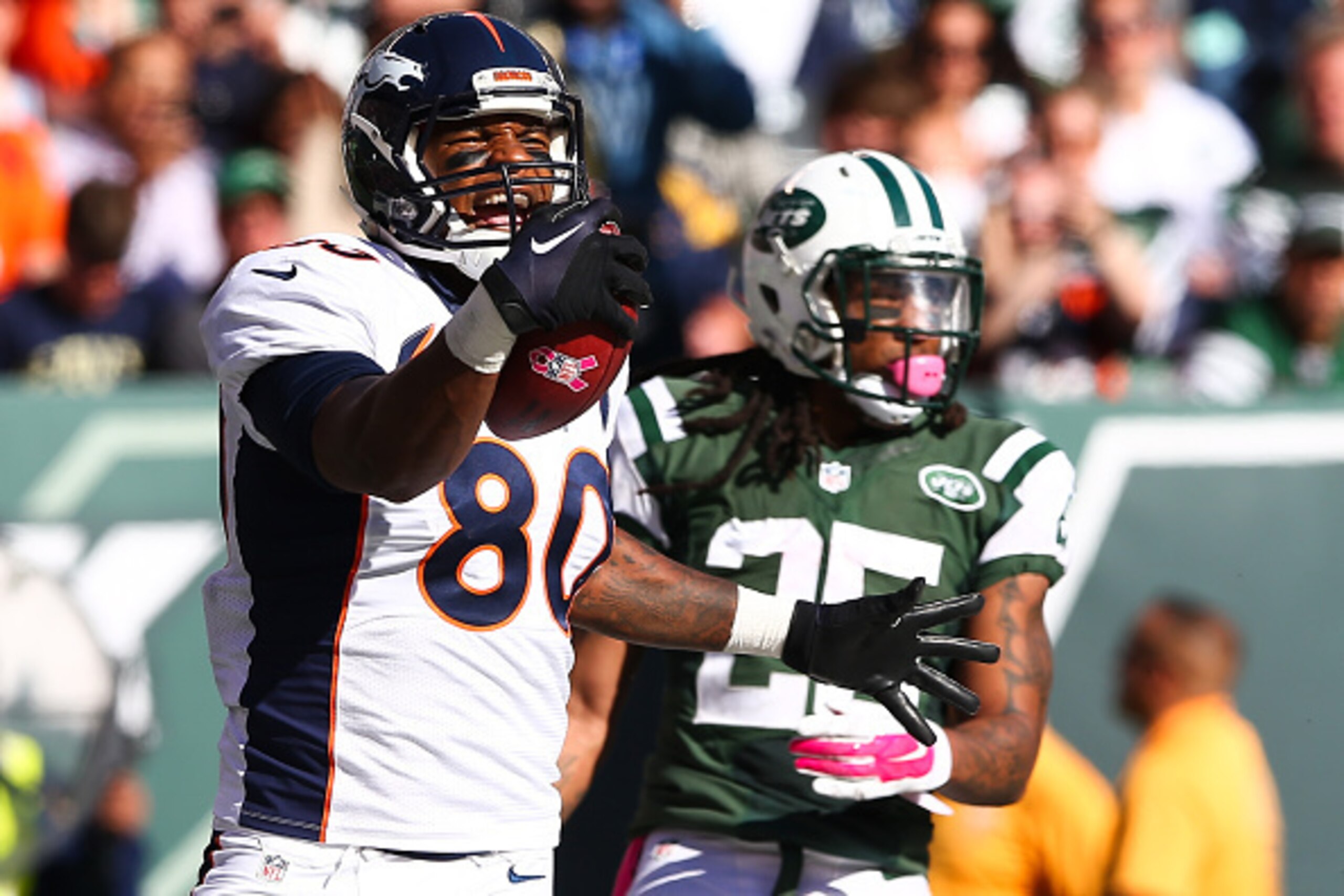 EAST RUTHERFORD, NJ - OCTOBER 12:  Julius Thomas #80 of the Denver Broncos celebrates a touchdown in the third quarter during a game against the New York Jets at MetLife Stadium on October 12, 2014 in East Rutherford, New Jersey.  (Photo by Elsa/Getty Ima