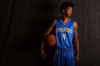 TARRYTOWN, NY - AUGUST 3:  Elfrid Payton #4 of the Orlando Magic poses for a portrait during the 2014 NBA rookie photo shoot on August 3, 2014 at the Madison Square Garden Training Facility in Tarrytown, New York. NOTE TO USER: User expressly acknowledges