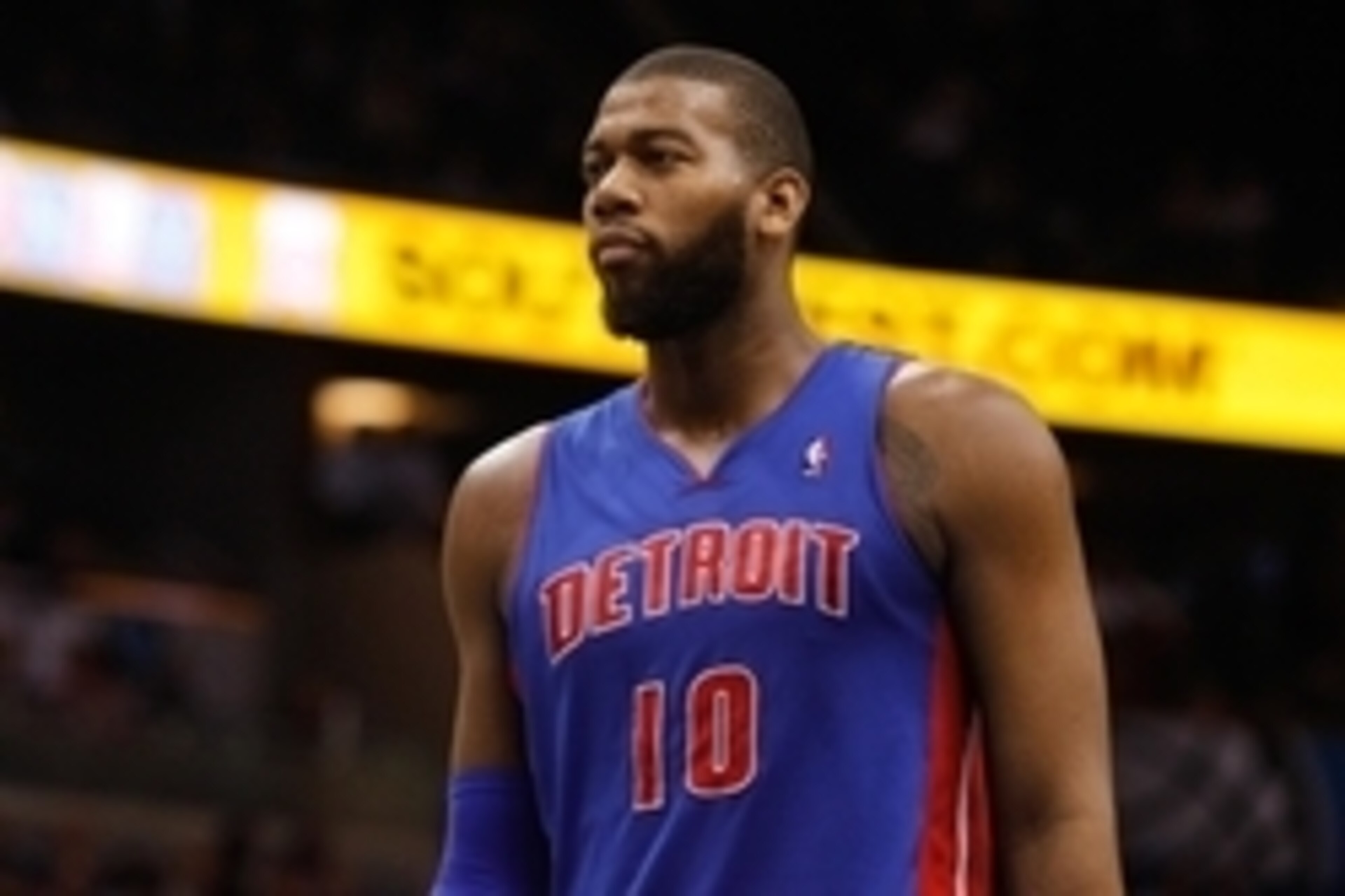 Dec 27, 2013; Orlando, FL, USA; Detroit Pistons power forward Greg Monroe (10) against the Orlando Magic during the second half at Amway Center. Orlando Magic defeated the Detroit Pistons 109-92. Mandatory Credit: Kim Klement-USA TODAY Sports