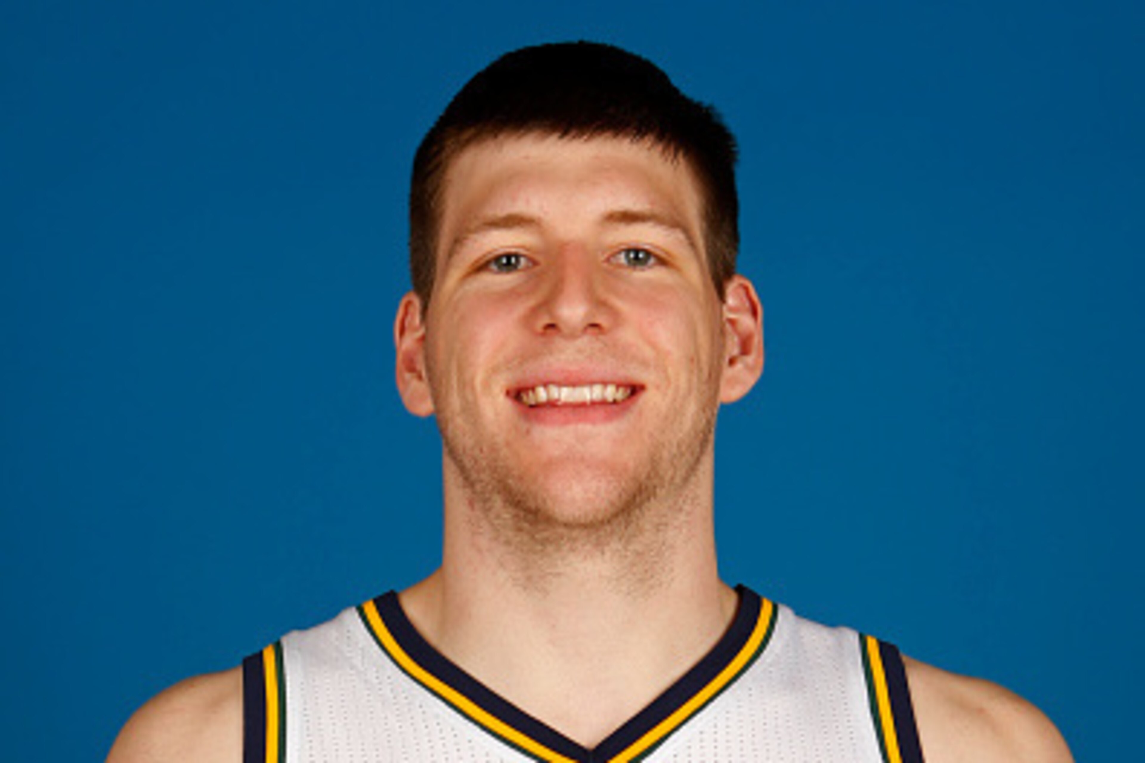 SALT LAKE CITY, UT - SEPTEMBER 29: Jack Cooley #45 of the Utah Jazz poses for a portrait during the 2014 NBA Jazz Media Day at Zions Basketball Center on September 29, 2014 in Salt Lake City, Utah. NOTE TO USER: User expressly acknowledges and agrees that