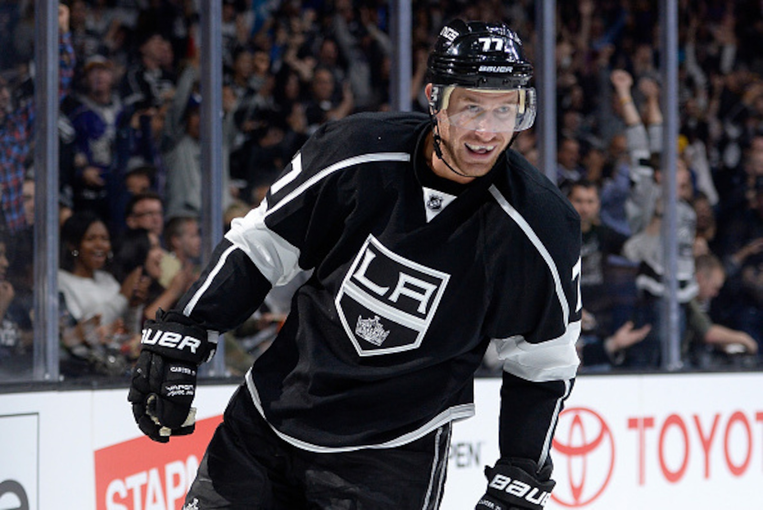 LOS ANGELES, CA - OCTOBER 12:  Jeff Carter #77 of the Los Angeles Kings reacts to his goal to take a 4-0 lead over the Winnipeg Jets during the second period at Staples Center on October 12, 2014 in Los Angeles, California.  (Photo by Harry How/Getty Imag