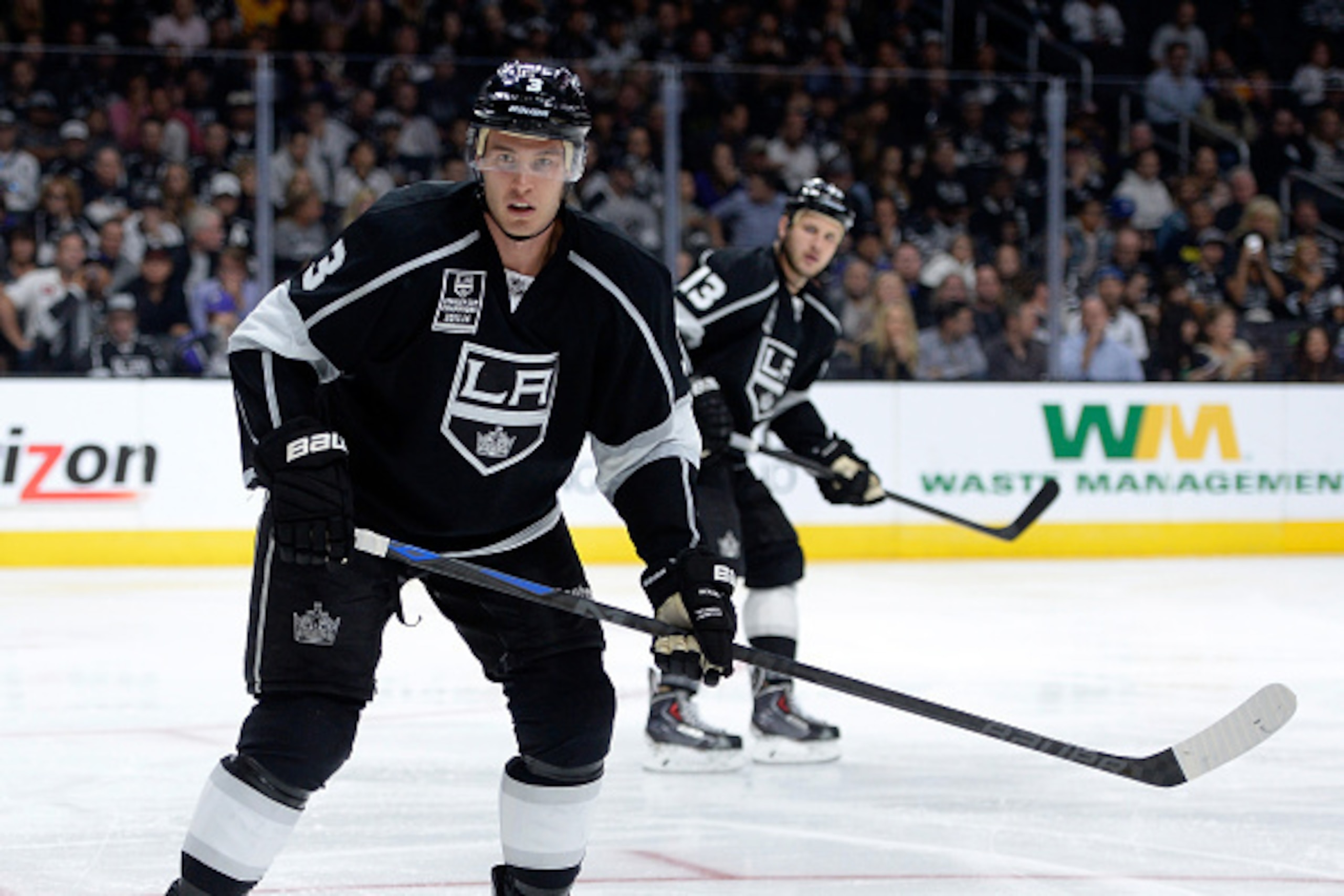 LOS ANGELES, CA - OCTOBER 08:  Brayden McNabb #3 of the Los Angeles Kings waits for the puck in front of the net during the game against the San Jose Sharks at Staples Center on October 8, 2014 in Los Angeles, California.  (Photo by Harry How/Getty Images