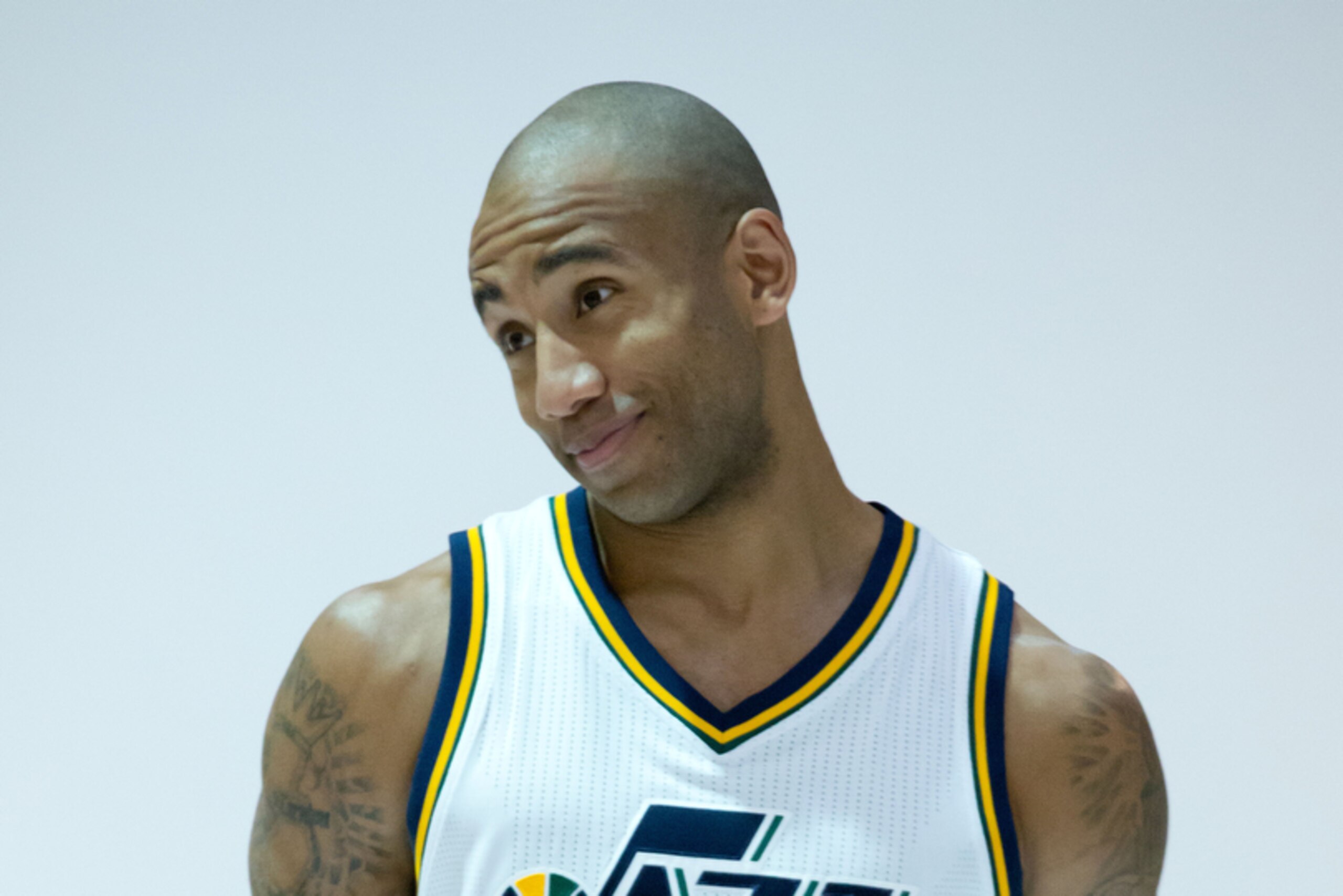 Sep 29, 2014; Salt Lake City, UT, USA; Utah Jazz shooting guard Dahntay Jones (30) during Media Day at Zions Bank Basketball Center. Mandatory Credit: Russ Isabella-USA TODAY Sports
