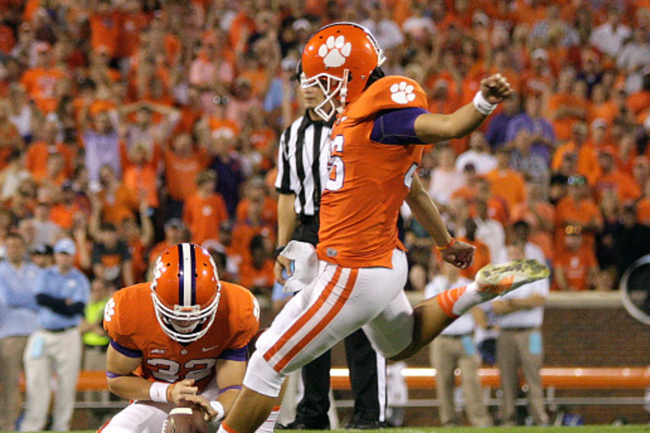 CLEMSON, SC - SEPTEMBER 27: Ammon Lakip #36 of the Clemson Tigers kicks a field goal during the second quarter of the game against the North Carolina Tar Heels at Memorial Stadium on September 27, 2014 in Clemson, South Carolina. (Photo by Tyler Smith/Get