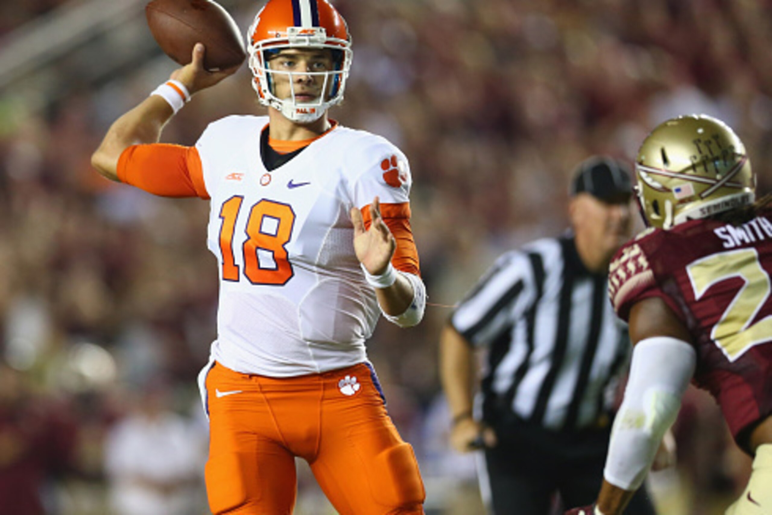 TALLAHASSEE, FL - SEPTEMBER 20:  Cole Stoudt #18 of the Clemson Tigers throws against the Florida State Seminoles at Doak Campbell Stadium on September 20, 2014 in Tallahassee, Florida.  (Photo by Ronald Martinez/Getty Images)