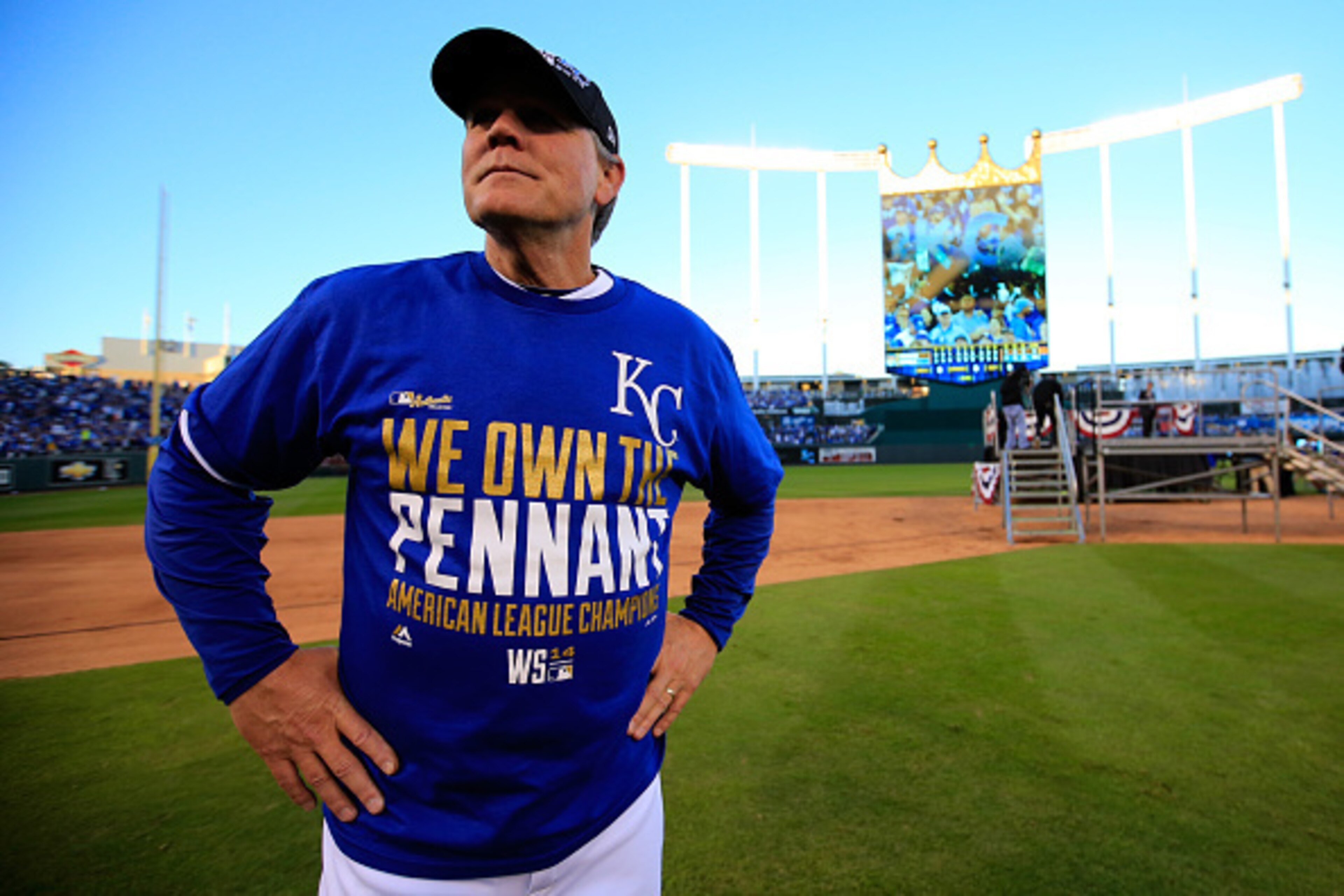 KANSAS CITY, MO - OCTOBER 15:  Manager Ned Yost #3 of the Kansas City Royals celebrates their 2 to 1 win over the Baltimore Orioles to sweep the series in Game Four of the American League Championship Series at Kauffman Stadium on October 15, 2014 in Kans