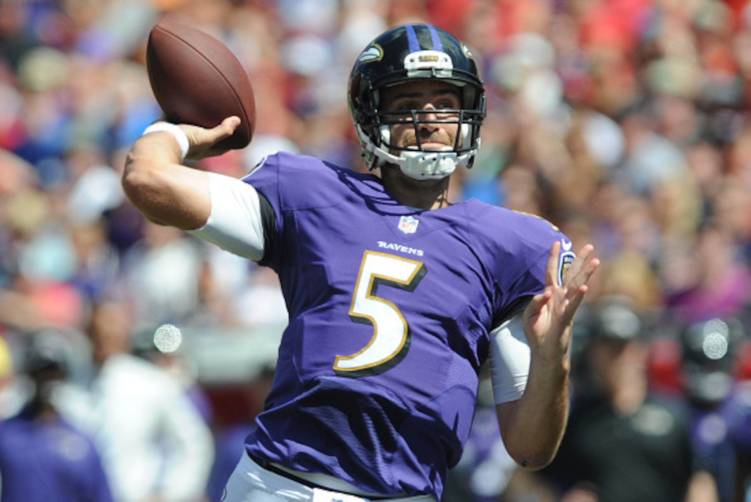 TAMPA, FL - OCTOBER 12: Quarterback Joe Flacco (5) of the Baltimore Ravens throws the ball against the Tampa Bay Buccaneers at Raymond James Stadium on October 12, 2014 in Tampa, Florida. (Photo by Cliff McBride/Getty Images) TAMPA, FL - OCTOBER 12: Quarterback Joe Flacco (5) of the Baltimore Ravens throws the ball against the Tampa Bay Buccaneers at Raymond James Stadium on October 12, 2014 in Tampa, Florida. (Photo by Cliff McBride/Getty Images)