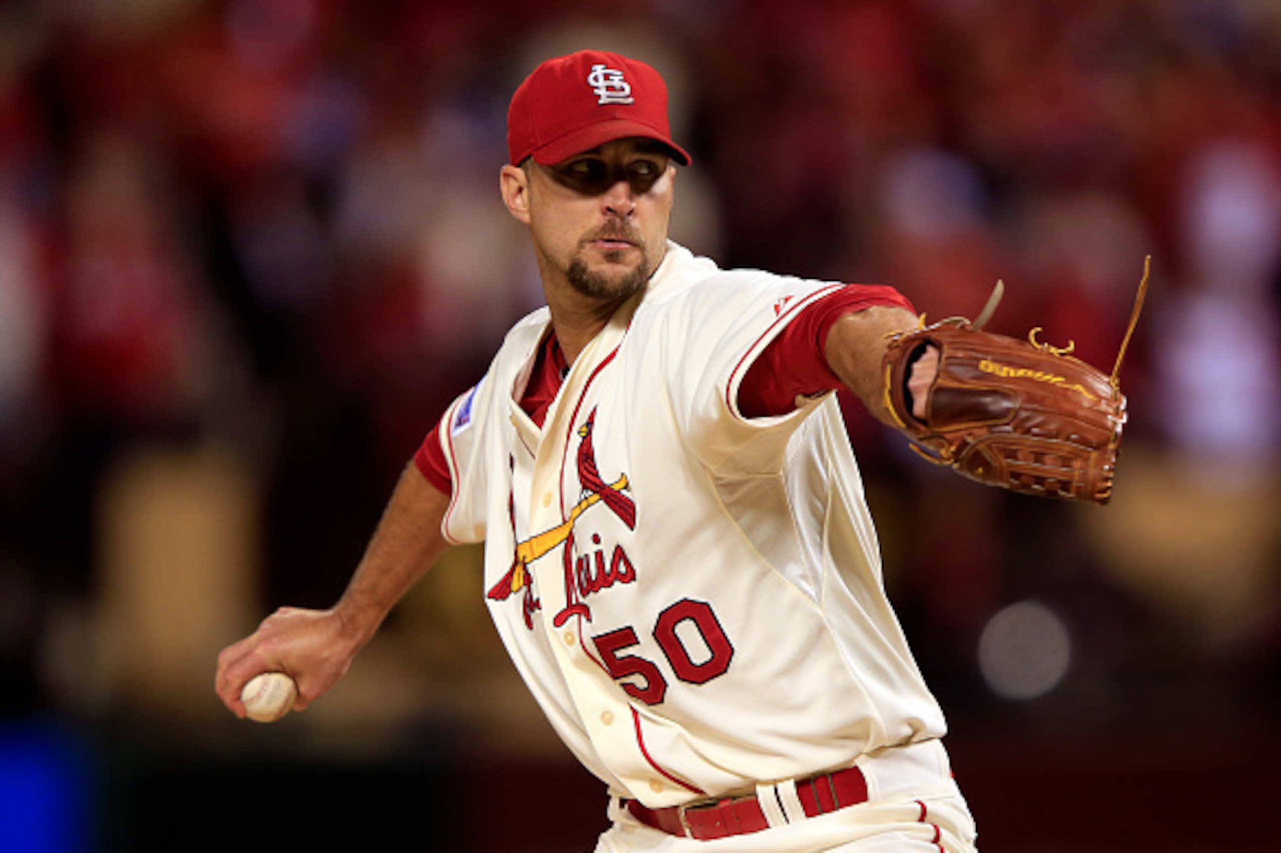 ST LOUIS, MO - OCTOBER 11:  Adam Wainwright #50 of the St. Louis Cardinals pitches against the San Francisco Giants during Game One of the National League Championship Series at Busch Stadium on October 11, 2014 in St Louis, Missouri.  (Photo by Jamie Squ