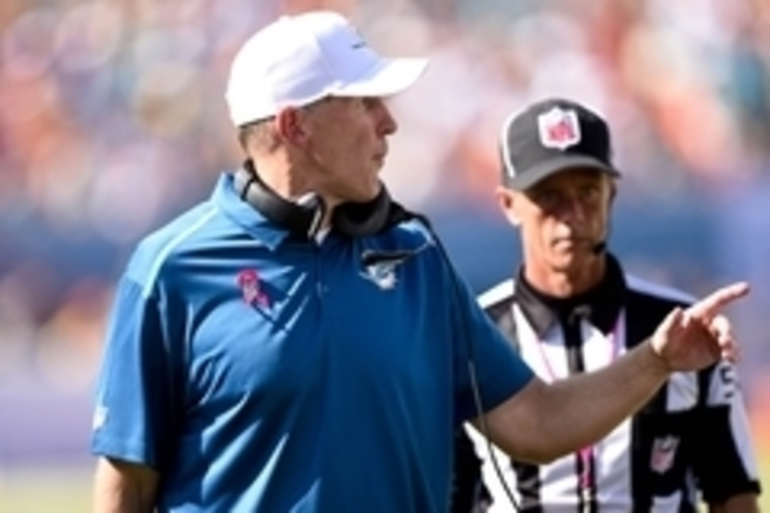 Oct 12, 2014; Miami Gardens, FL, USA; Miami Dolphins head coach Joe Philbin complains to the referee in the second half of the game at Sun Life Stadium. Green Bay defeated Miami 27-24.  Mandatory Credit: Brad Barr-USA TODAY Sports