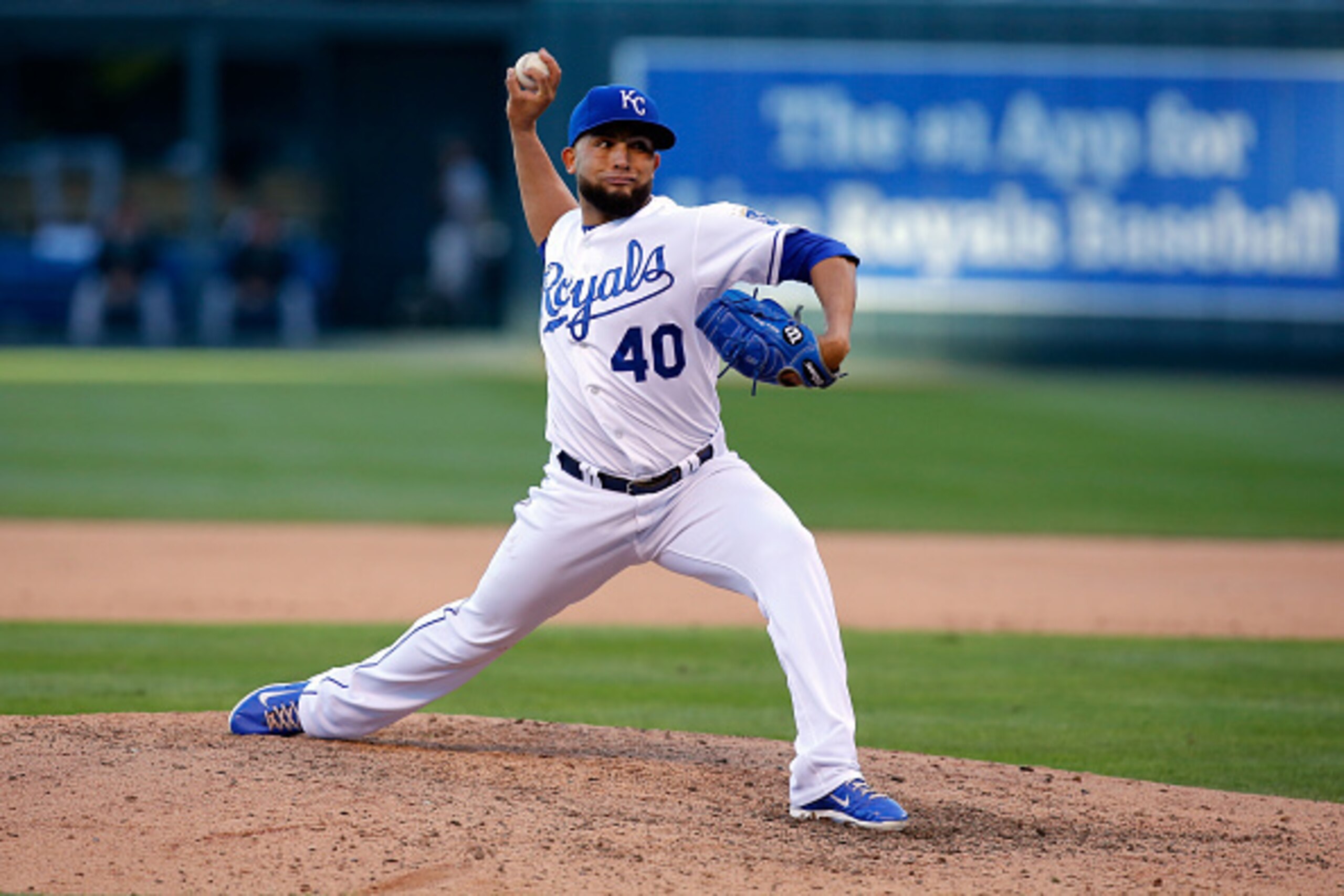 KANSAS CITY, MO - OCTOBER 15: Kelvin Herrera #40 of the Kansas City Royals throws a pitch against the Baltimore Orioles during Game Four of the American League Championship Series at Kauffman Stadium on October 15, 2014 in Kansas City, Missouri. (Photo KANSAS CITY, MO - OCTOBER 15: Kelvin Herrera #40 of the Kansas City Royals throws a pitch against the Baltimore Orioles during Game Four of the American League Championship Series at Kauffman Stadium on October 15, 2014 in Kansas City, Missouri. (Photo