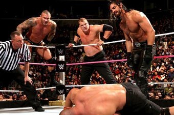 Seth Rollins with Kane and Randy Orton