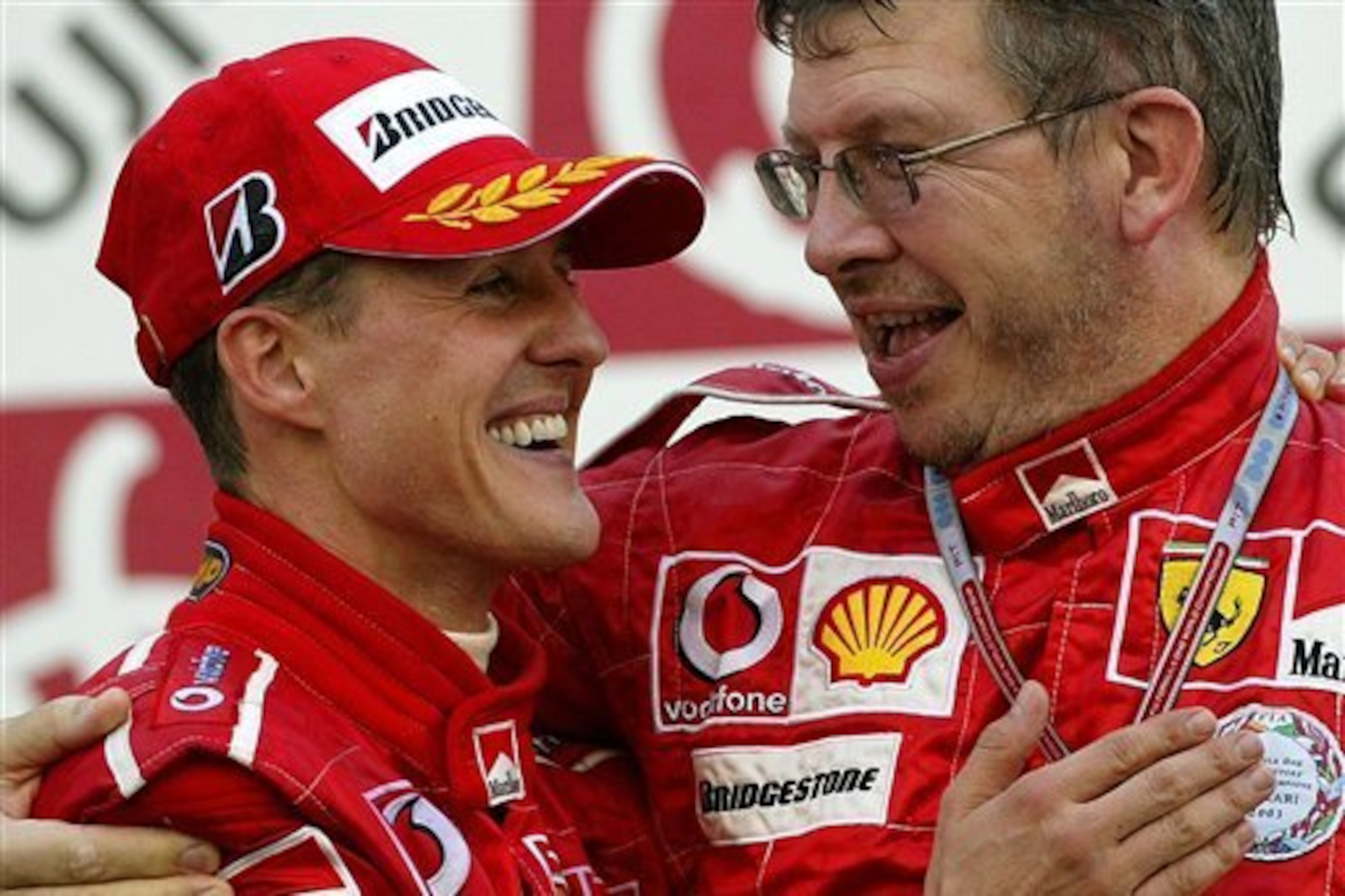 Ross Brawn (right) and Michael Schumacher were part of a formidable Ferrari team in the early 2000s.