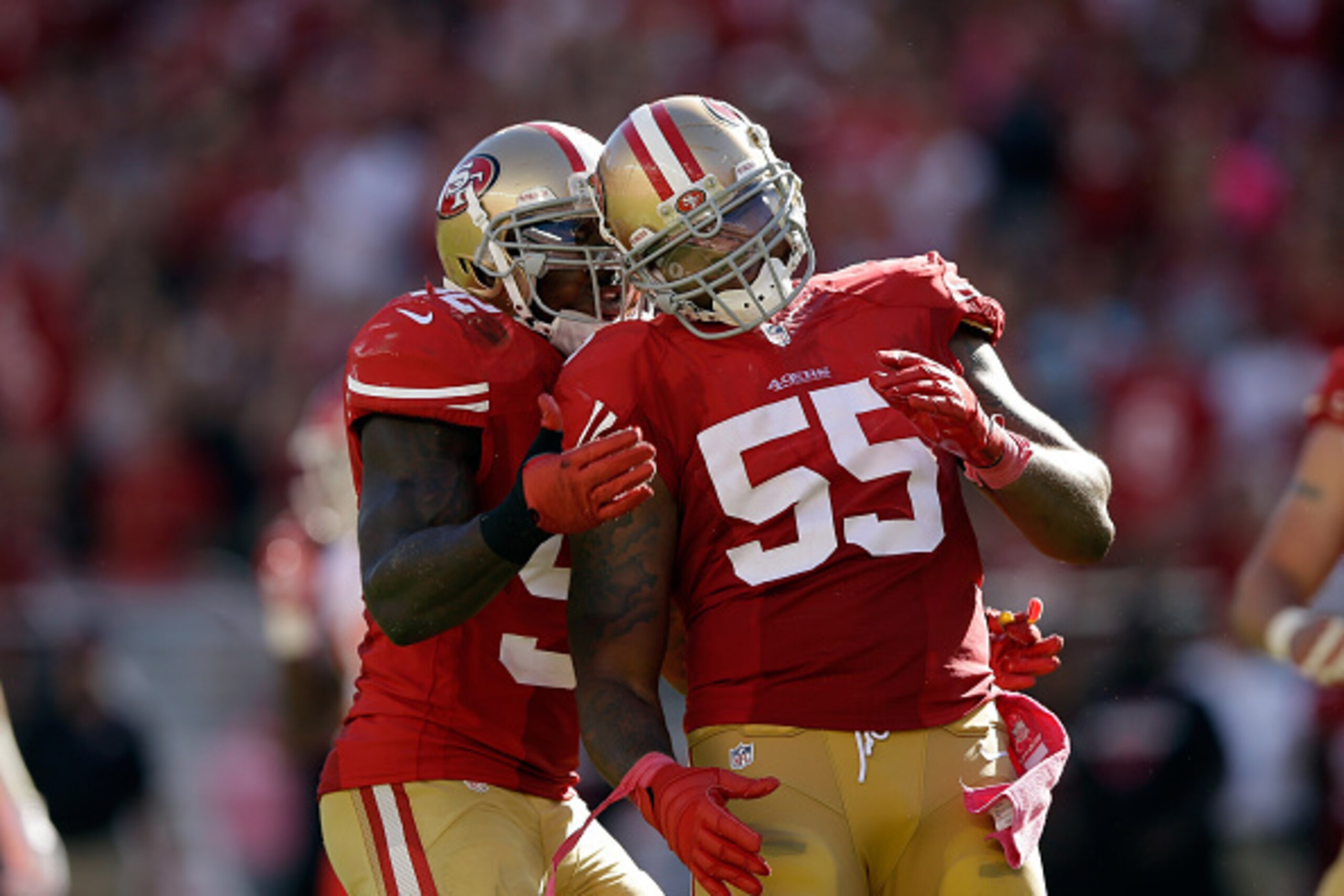 SANTA CLARA, CA - OCTOBER 05:  Patrick Willis #52 congratulates Ahmad Brooks #55 of the San Francisco 49ers after Brooks knocked down a pass during their game against the Kansas City Chiefs at Levi's Stadium on October 5, 2014 in Santa Clara, California. 