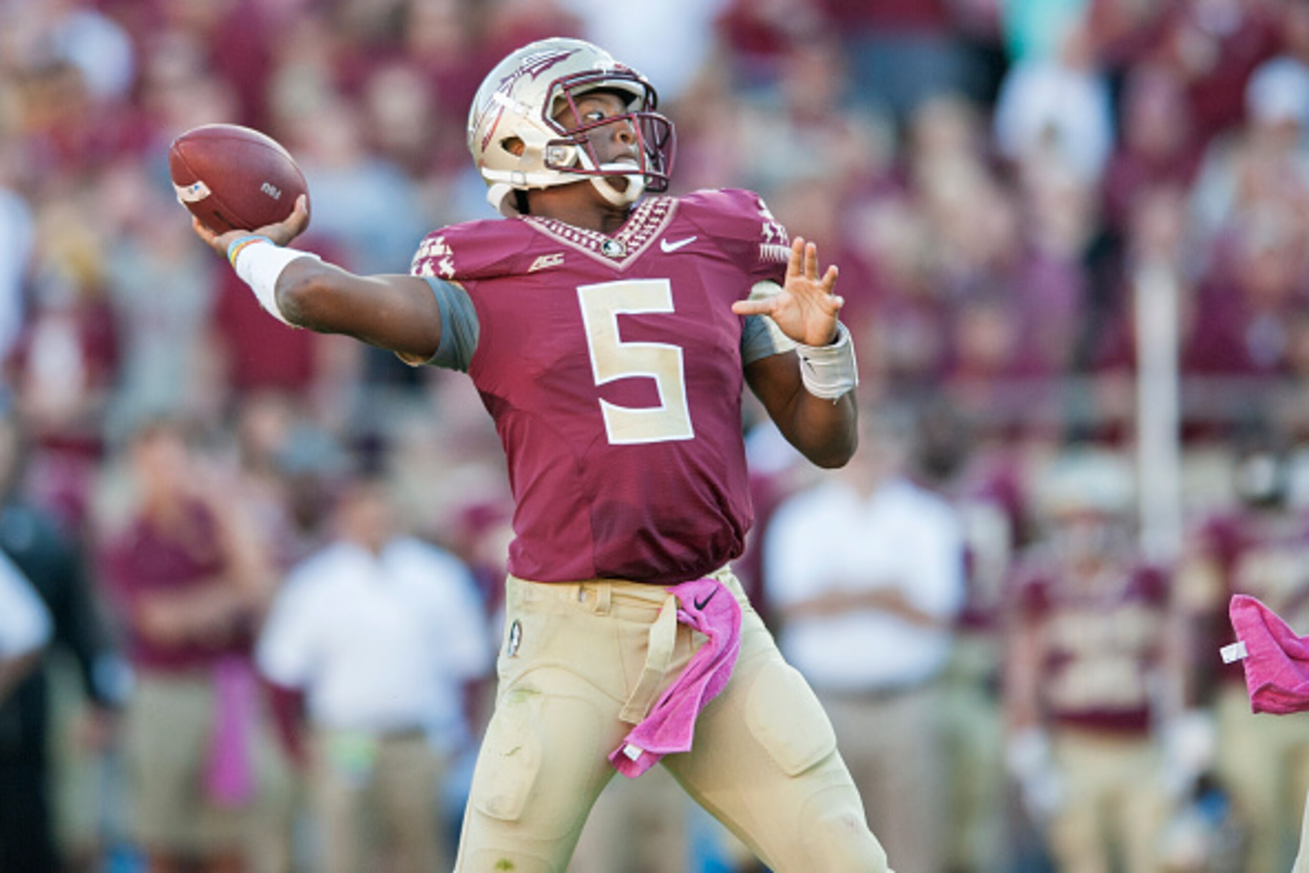 TALLAHASSEE, FL - OCTOBER 4: Quarterback Jameis Winston #5 of the Florida State Seminoles makes a pass during the second half at Doak Campbell Stadium on October 4, 2014 in Tallahassee, Florida. The Seminoles took the Deamon Deacons 43-3. (Photo by Jeff G