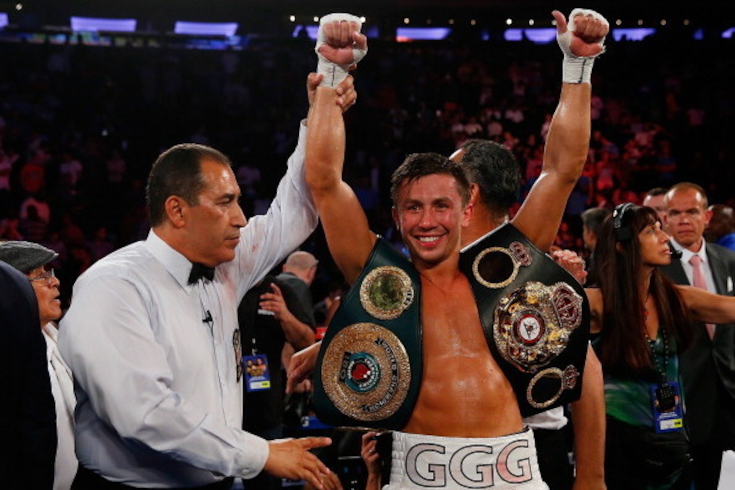NEW YORK, NY - JULY 26: Gennady Golovkin celebrates after knocking out Daniel Geale in the third round to win the WBA/IBO middleweight championship at Madison Square Garden on July 26, 2014 in New York City. (Photo by Mike Stobe/Getty Images) NEW YORK, NY - JULY 26: Gennady Golovkin celebrates after knocking out Daniel Geale in the third round to win the WBA/IBO middleweight championship at Madison Square Garden on July 26, 2014 in New York City. (Photo by Mike Stobe/Getty Images)