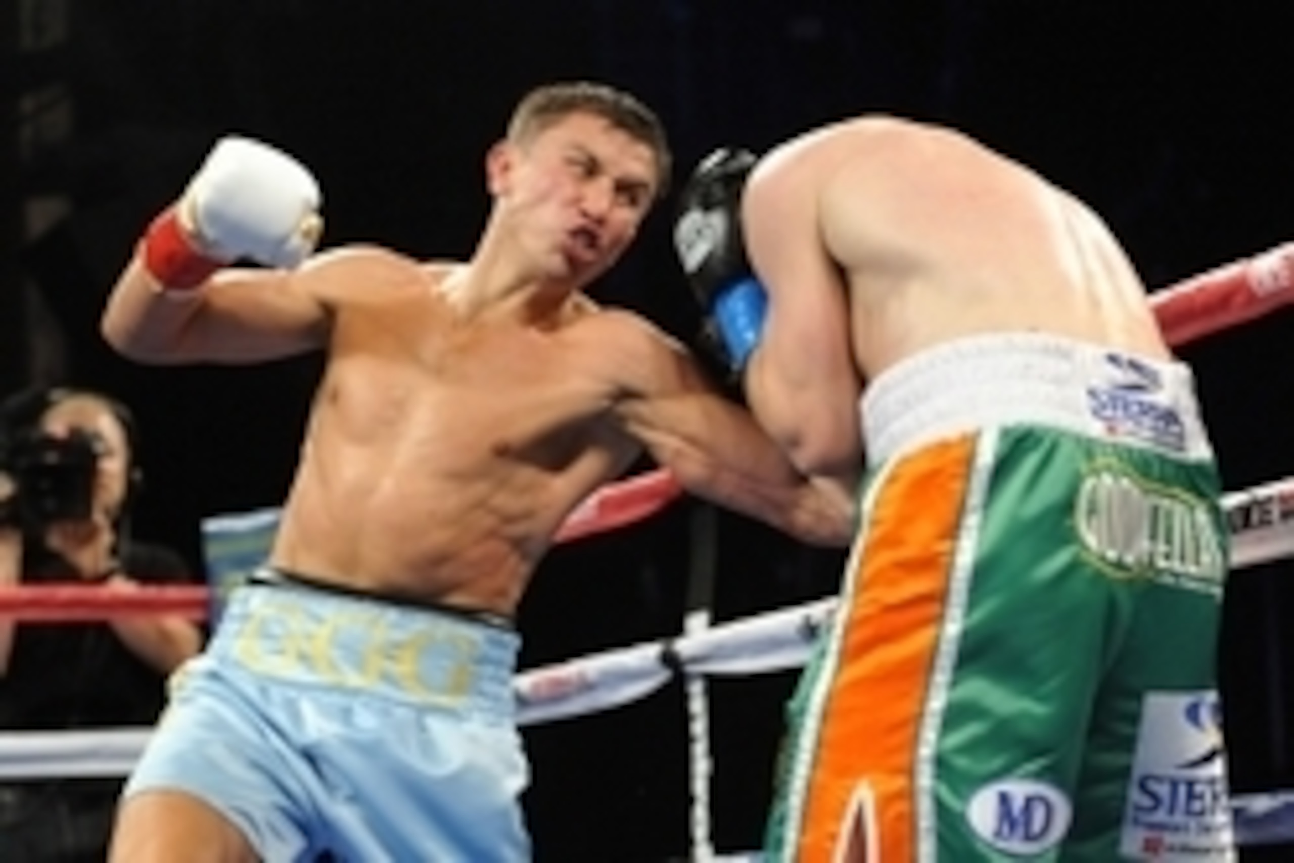 Jun 29, 2013; Mashantucket, CT, USA; Junior middleweights Gennady Golovkin (blue trunks) and Matthew Macklin (green trunks) box during their WBA/IBO bout at Foxwoods Resort and Casino-MGM Grand Theatre. Golovkin won via third round knockout. Mandatory Cre Jun 29, 2013; Mashantucket, CT, USA; Junior middleweights Gennady Golovkin (blue trunks) and Matthew Macklin (green trunks) box during their WBA/IBO bout at Foxwoods Resort and Casino-MGM Grand Theatre. Golovkin won via third round knockout. Mandatory Cre