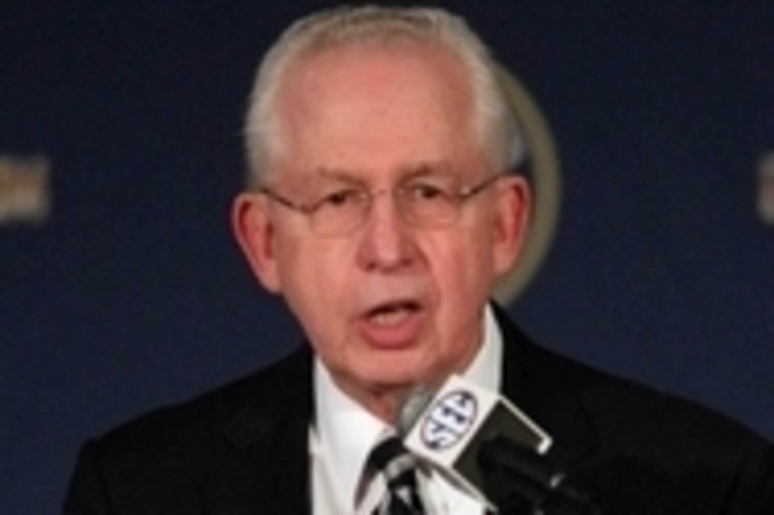 Jul 14, 2014; Hoover, AL, USA; SEC commissioner Mike Slive talks to the media during the SEC Football Media Days at the Wynfrey Hotel. Mandatory Credit: Marvin Gentry-USA TODAY Sports