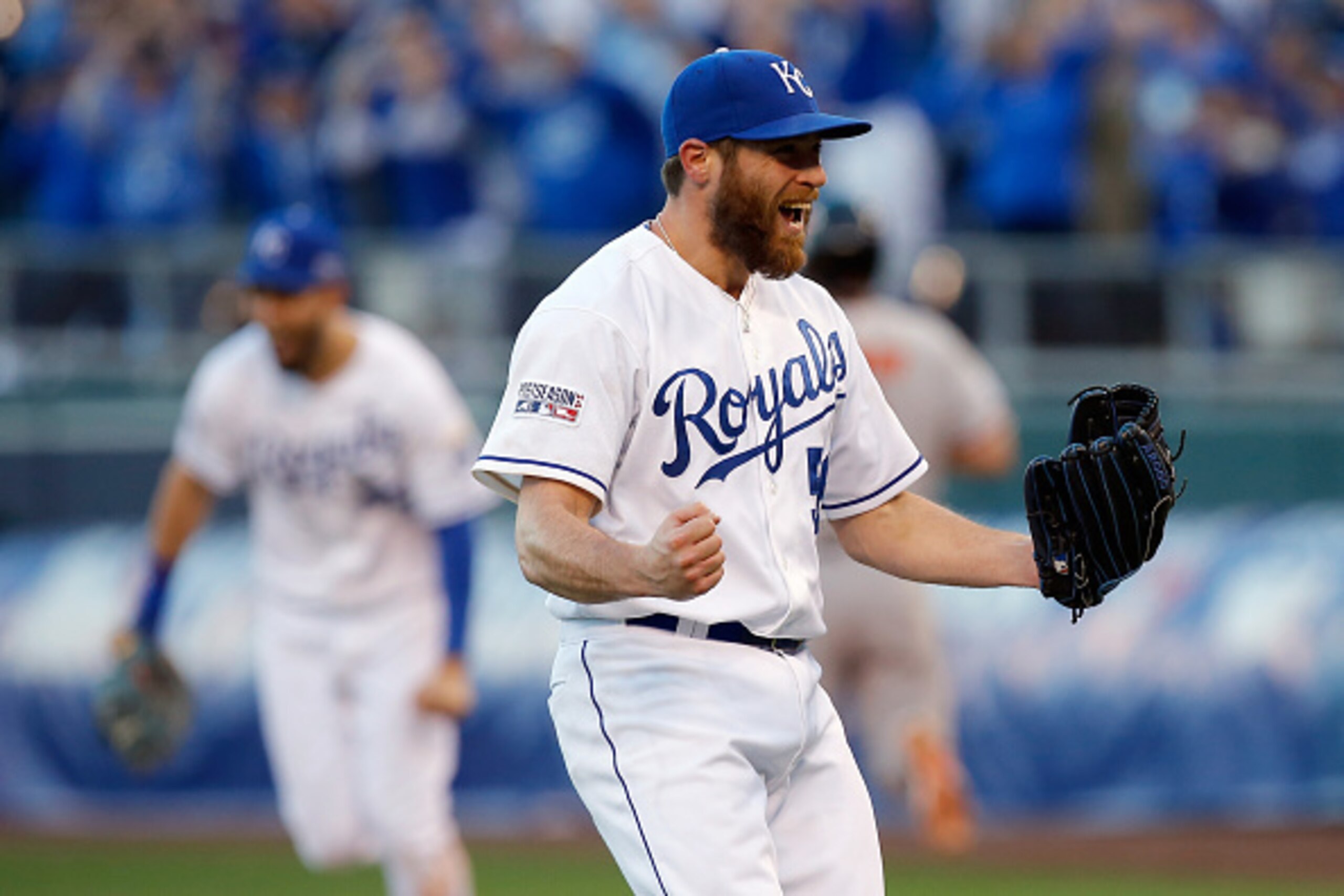 KANSAS CITY, MO - OCTOBER 15:  Greg Holland #56 of the Kansas City Royals celebrates their 2 to 1 win over Baltimore Orioles to sweep the series of Game Four of the American League Championship Series at Kauffman Stadium on October 15, 2014 in Kansas City