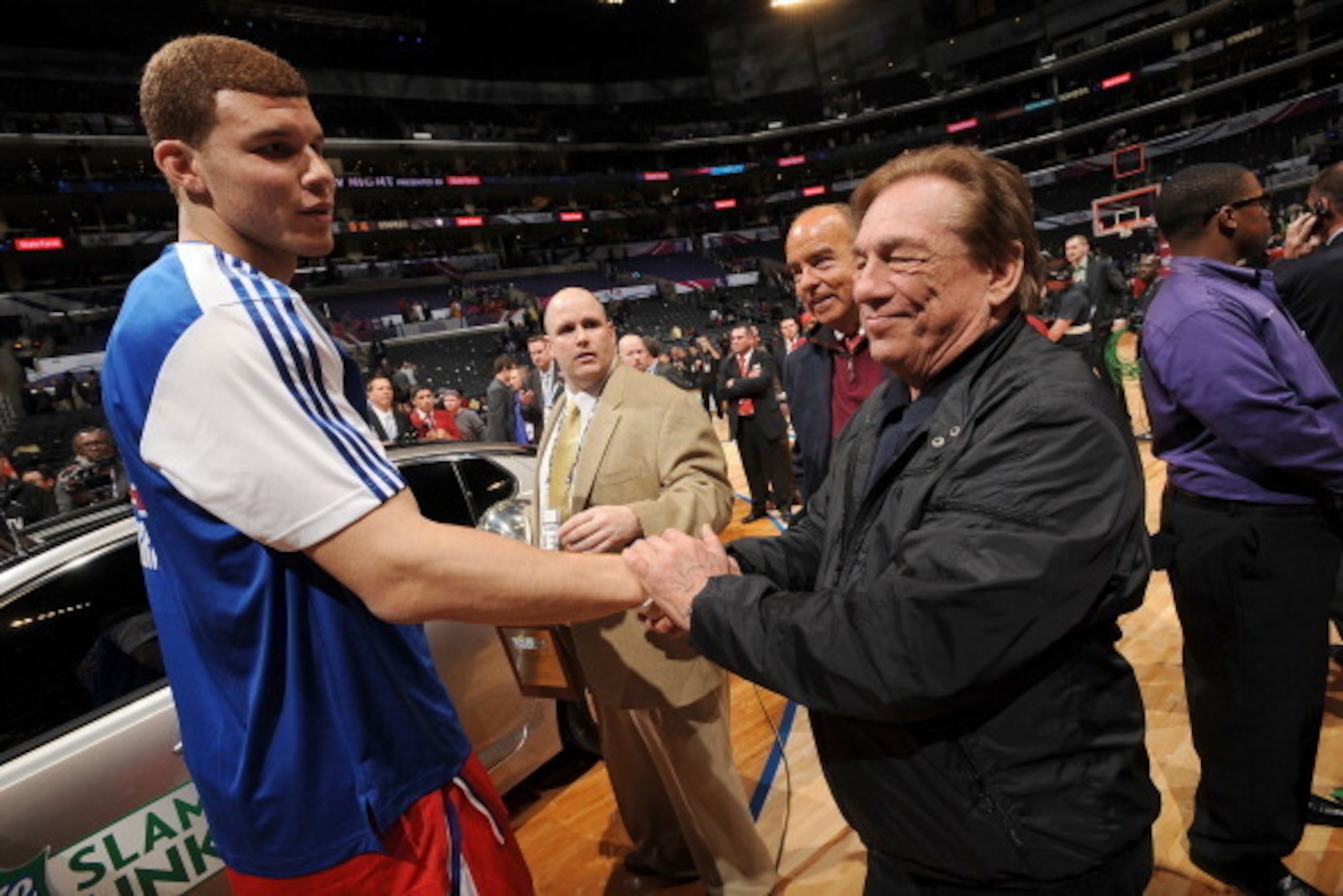 LOS ANGELES, CA - FEBRUARY 19:  Blake Griffin #32 of the Los Angeles Clippers is congratulated by team owner Donald Sterling after winning the Sprite Slam Dunk Contest at Staples Center on February 19, 2011 in Los Angeles, California. NOTE TO USER: User e