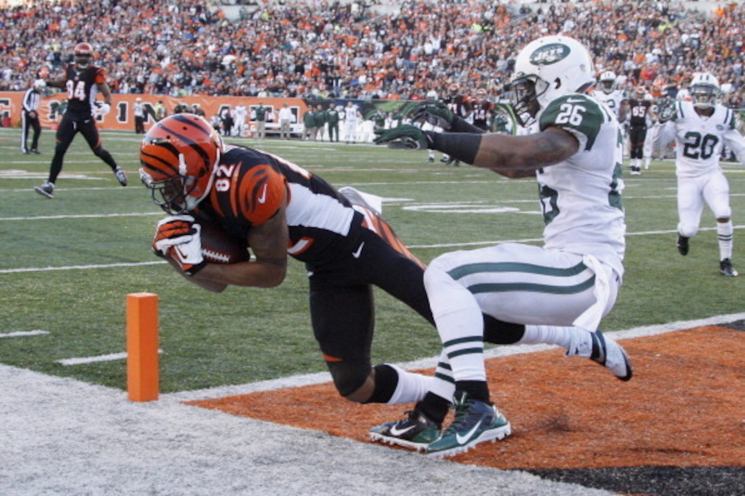 CINCINNATI, OH - OCTOBER 27:  Marvin Jones #82 of the Cincinnati Bengals hauls in a touchdown pass in front of Dawan Landry #26 of the New York Jets during their game at Paul Brown Stadium on October 27, 2013 in Cincinnati, Ohio.  The Bengals defeated the