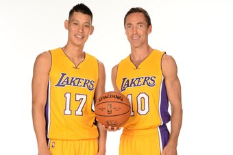 EL SEGUNDO, CA - SEPTEMBER 29: Jeremy Lin #17 and Steve Nash #10 of the Los Angeles Lakers pose for a portrait during the Los Angeles Lakers Media Day at the Toyota Sports Center on September 29, 2014 in El Segundo, California. NOTE TO USER: User expressl