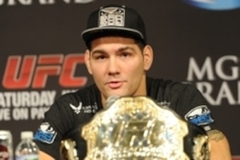 Jul 6, 2013; Las Vegas, NV, USA;  Chris Weidman during the post fight press conference at the MGM Grand Garden Arena. Weidman defeated Anderson Silva for the Middleweight Chamionship in a TKO in the second round. Mandatory Credit: Jayne Kamin-Oncea-USA TO