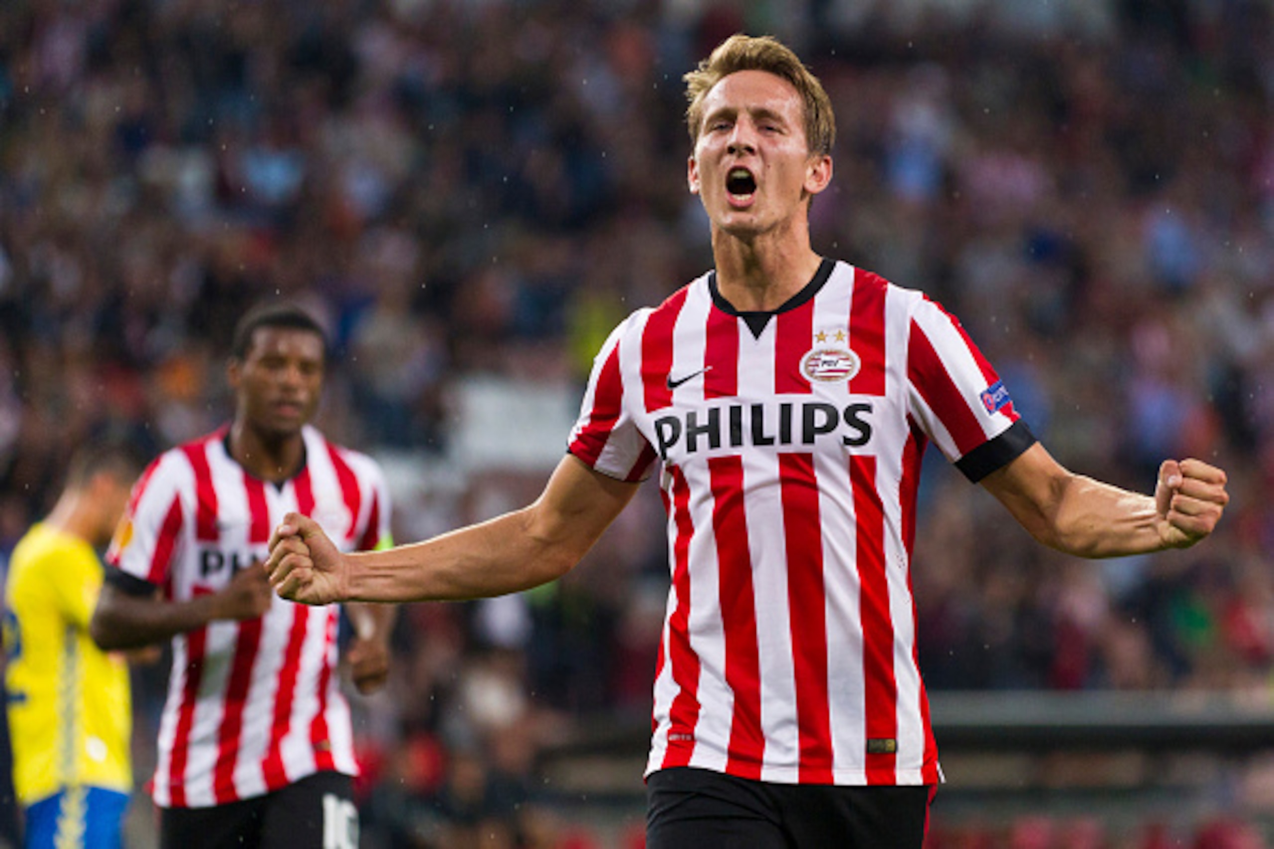 EINDHOVEN,NETHERLANDS - SEPTEMBER 18:  Luuk de Jong of PSV Eindhoven celebrates during the UEFA Europa League match between PSV Eindhoven and Estoril Praia at the Philips Stadium on September 18, 2014 in Eindhoven,Netherlands. (Photo by Robert Meerding/Eu