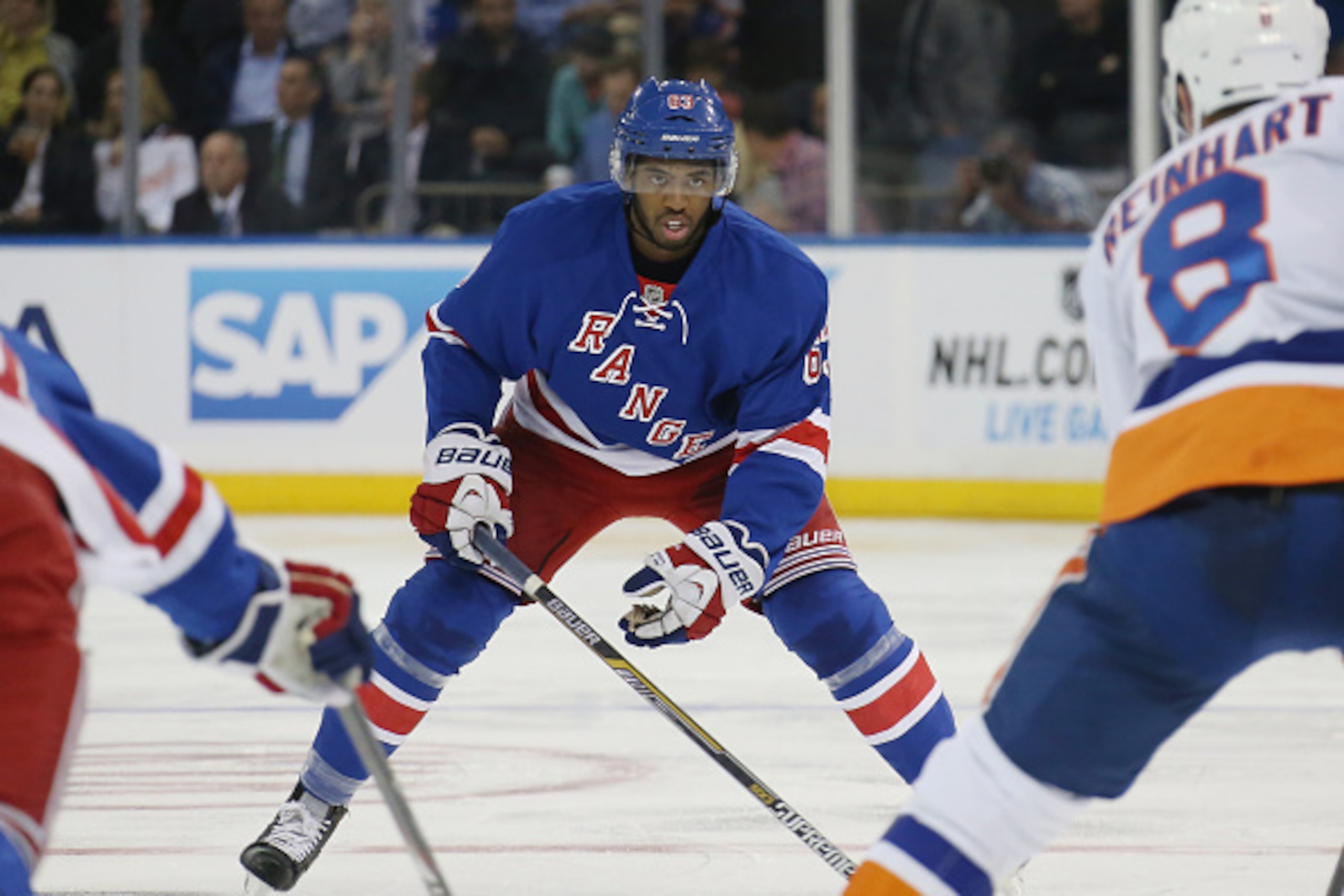 NEW YORK, NY - OCTOBER 14: Anthony Duclair #63 of the New York Rangers skates against the New York Islanders at Madison Square Garden on October 14, 2014 in New York City. The Islanders defeated the Rangers 6-3.  (Photo by Bruce Bennett/Getty Images)