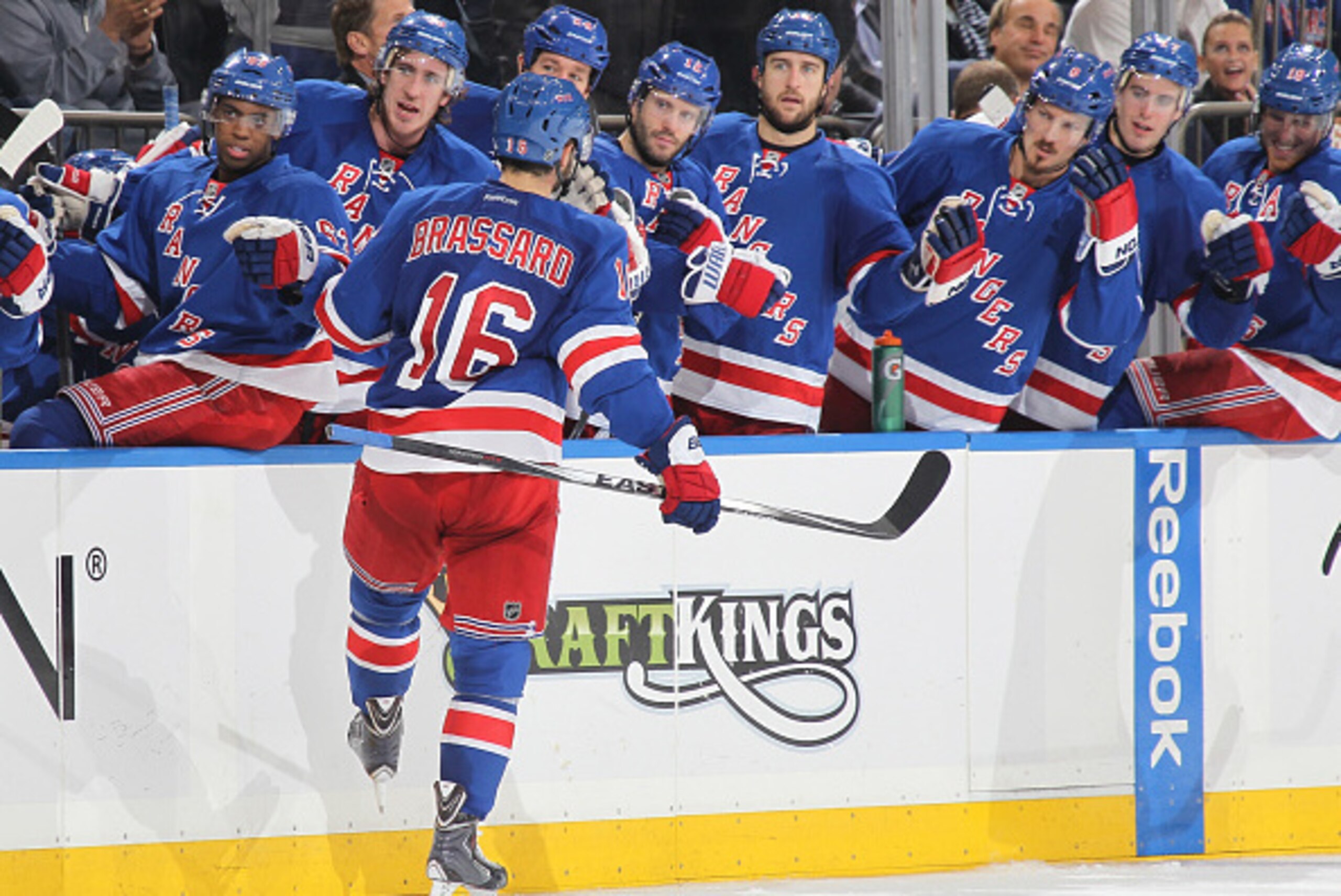 NEW YORK, NY - OCTOBER 16:  Derick Brassard #16 of the New York Rangers celebrates after his third period goal against the Carolina Hurricanes at Madison Square Garden on October 16, 2014 in New York City. (Photo by Jared Silber/NHLI via Getty Images)
