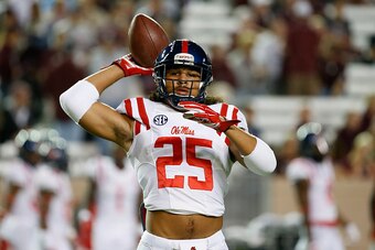 COLLEGE STATION, TX - OCTOBER 11:  Cody Prewitt #25 of the Mississippi Rebels works out on the field prior to the start of their game against the Texas A&M Aggies at Kyle Field on October 11, 2014 in College Station, Texas.  (Photo by Scott Halleran/Getty
